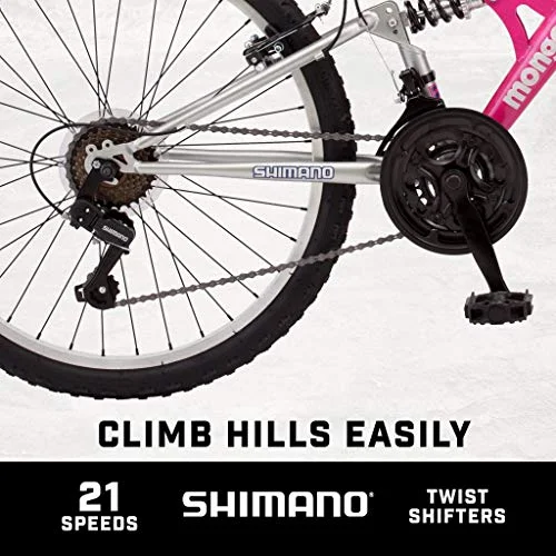 Mongoose Exlipse Full Suspension Mountain Bike, 24-Inch Wheels, 21 Speeds, Pink