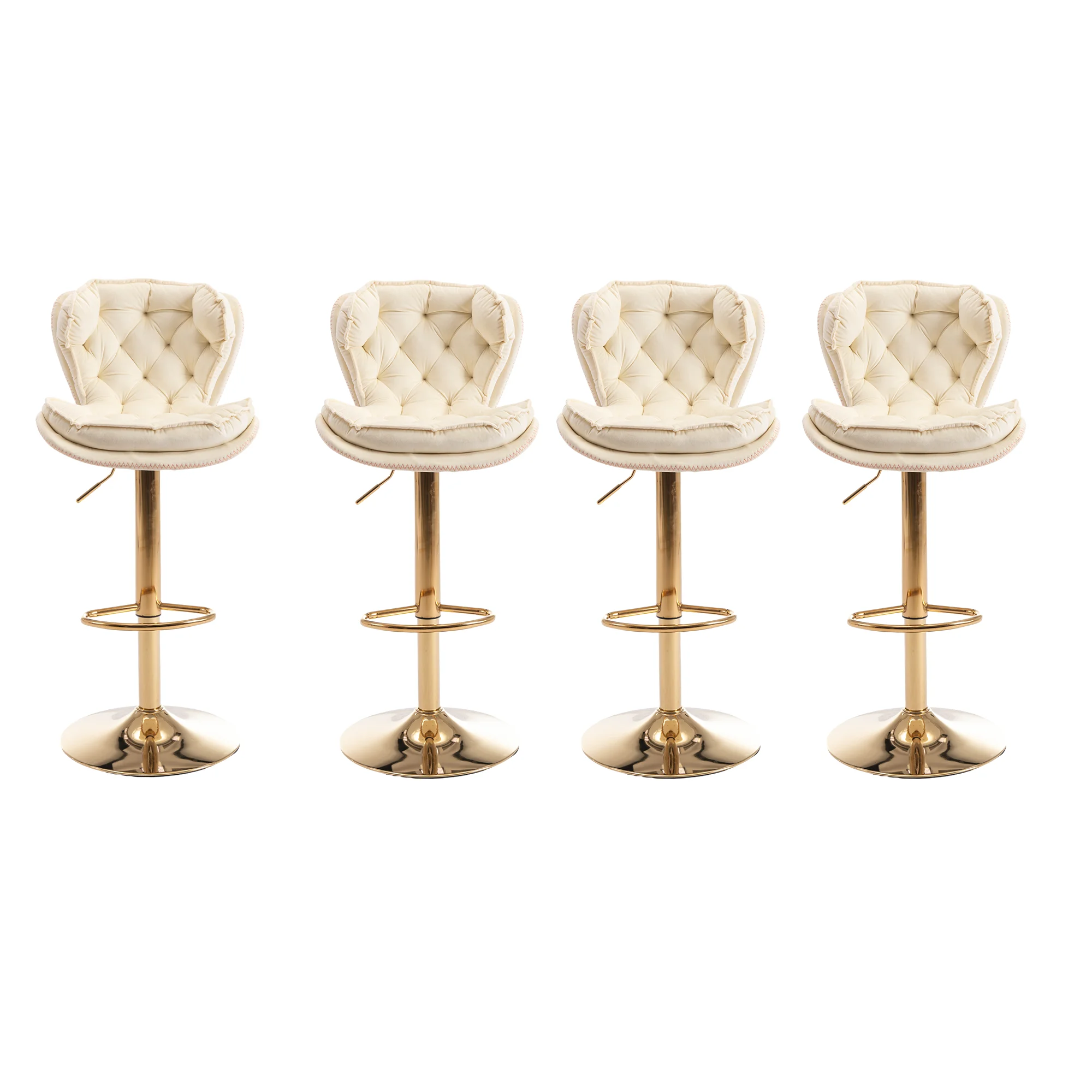 24-33 Inch Velvet Swivel Bar Stools with Back, Velvet Upholstered Adjustable Bar Height Barstool Stools Island Chairs with Gold Metal Base Bar, Bar Counter, Dining Room, Coffee(Cream,Set of 4)