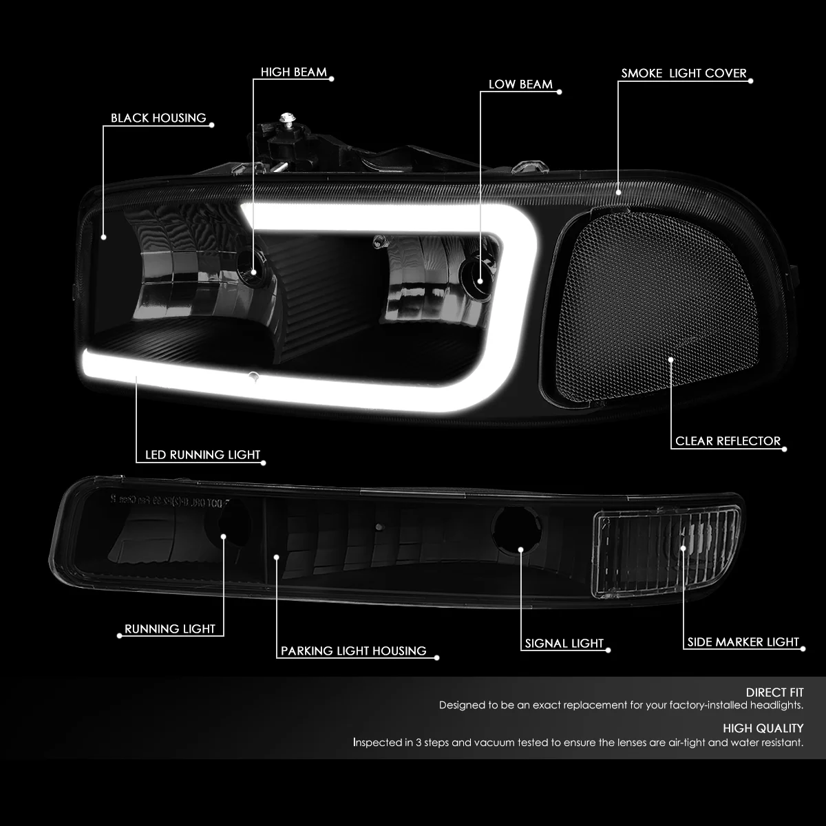 DNA Motoring HL-LB2-SIERRA99-BK-SM-CL1 For 1999 to 2007 GMC Sierra 1500 3500HD/Yukon XL 2500 Pair LED DRL Headlight+Turn Signal Bumper Lamps Tinted Housing Clear Corner 00 01 02 03 04 05 06