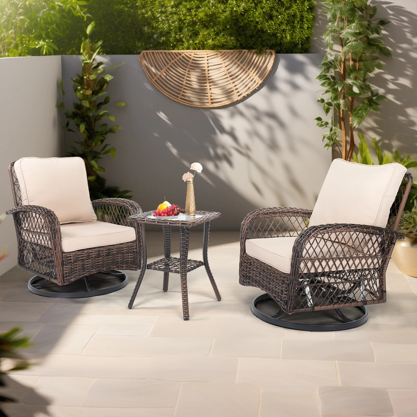 COOKCOK 3 Pieces Outdoor Swivel Rocker Chair Set of 2 with Small Side Table Wicker Rattan Patio Furniture Set Outdoor Rocking Chair Set for Backyard, Balcony, Deck, Beige