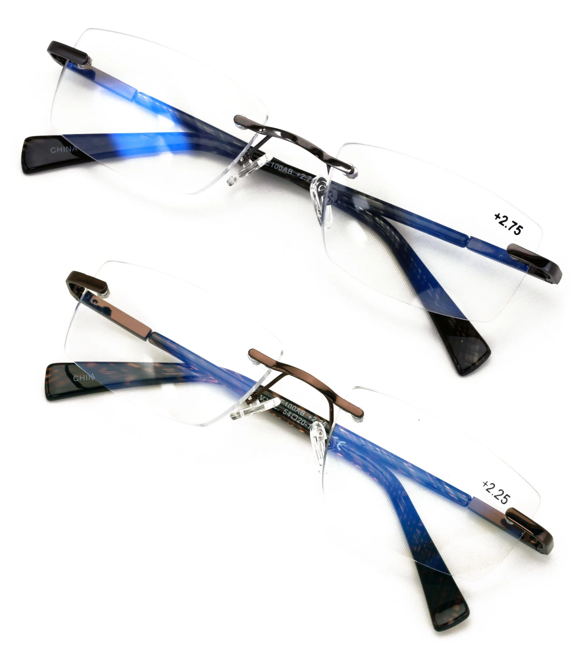 2 Pairs Men Premium Metal Rimless Modern Rectangular Anti-Blue Blocker Reading Glasses - Clear Lens Reader Carbon Temple Print +1.75