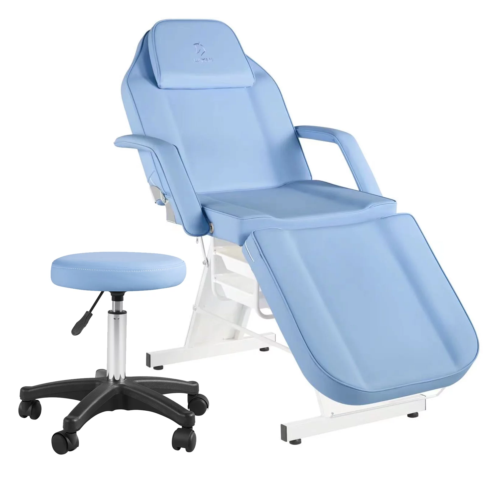 LUXMARS Massage Table Facial Lash Bed with Storage for Eyelash Extensions Salon Tattoo Chair with Stool，Light Blue