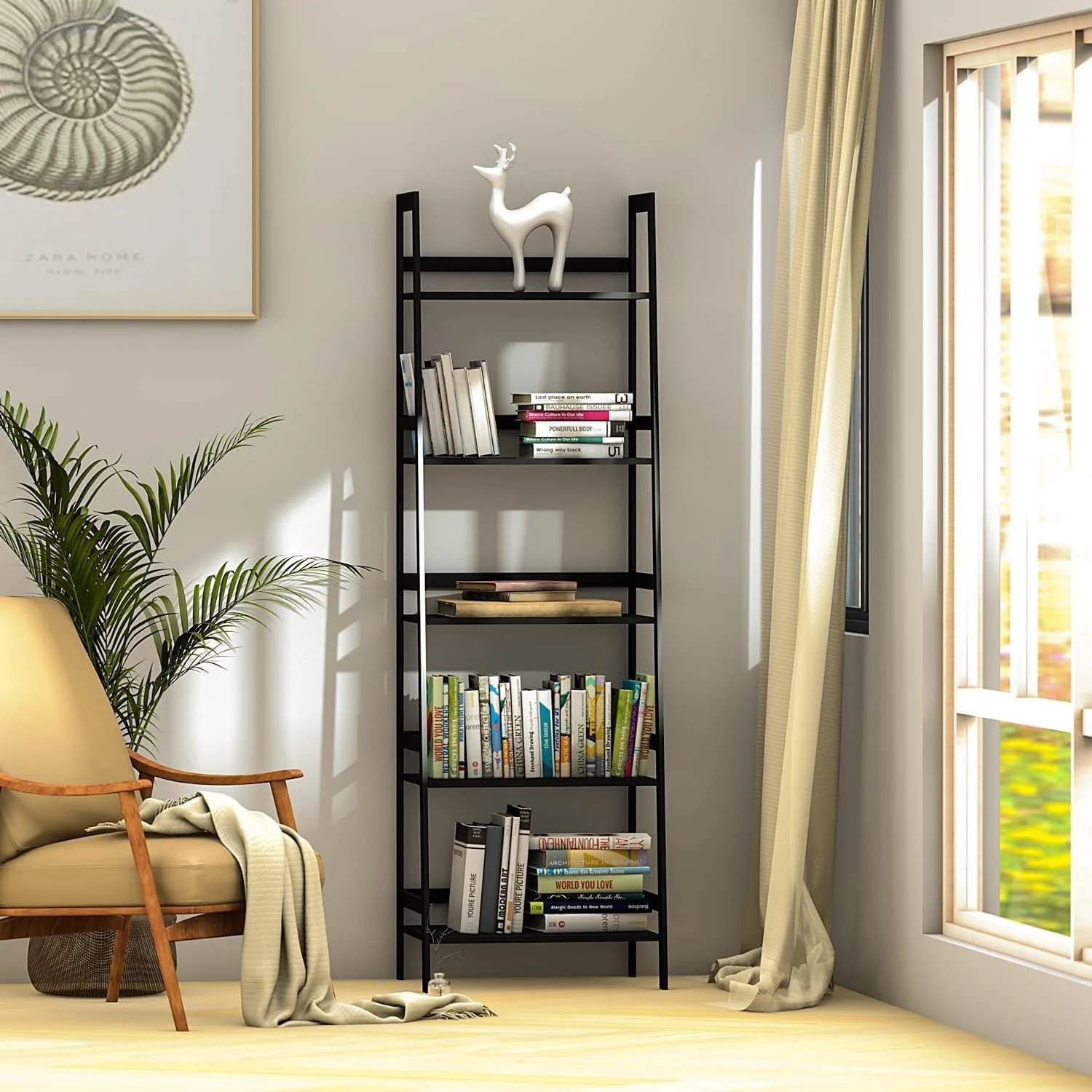 5-tier Multifunctional Bamboo Ladder Bookshelf Black