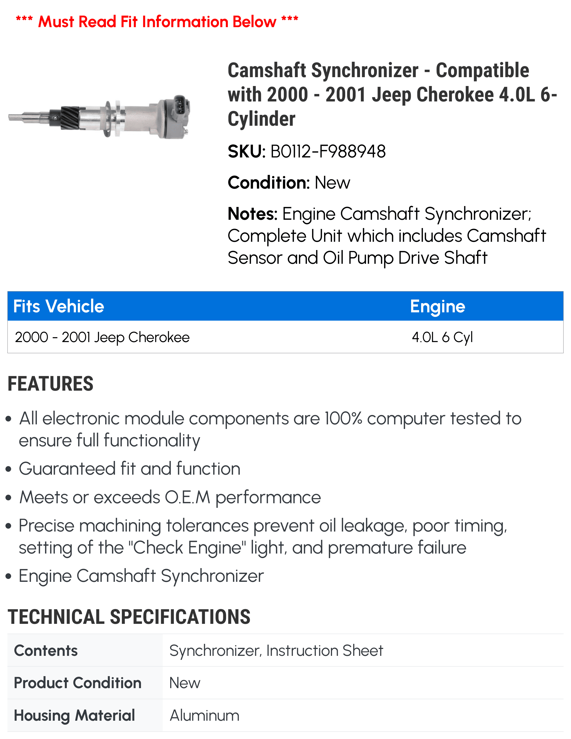 Camshaft Synchronizer - Compatible with 2000 - 2001 Jeep Cherokee 4.0L 6-Cylinder