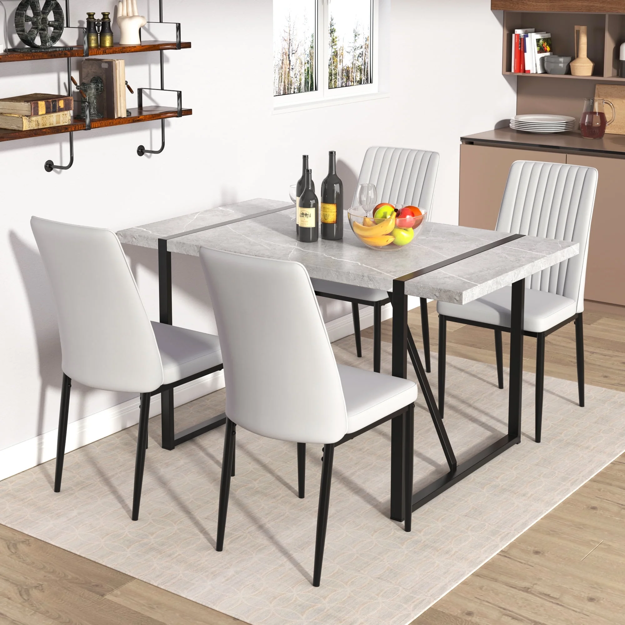 EUROCO 5PCS Faux Marble Dining Table Set for 4,55.1” Dining Room Table Set with MDF Tabletop,Metal Table and Chair Legs,4 PU Leather Chairs,Easy Clean and Waterproof Kitchen Table Set