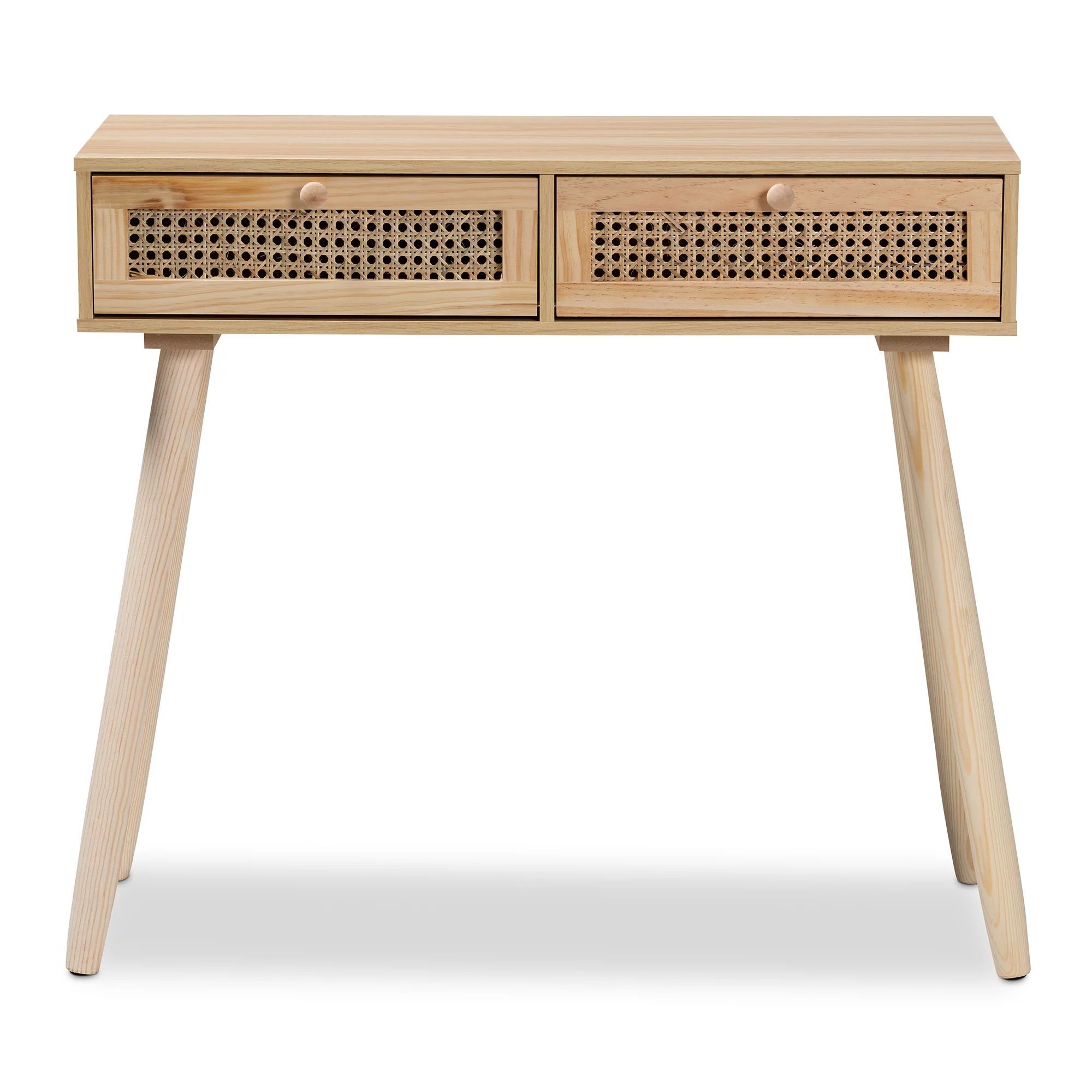 Baxton Studio Maclean Mid-Century Modern Rattan and Natural Brown Finished Wood 2-Drawer Console Table