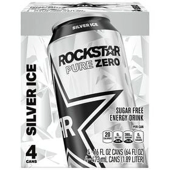 Rockstar Pure Zero Sugar Energy Drink Silver Ice Grapefruit Flavor, 16 fl oz, 4 Pack Cans