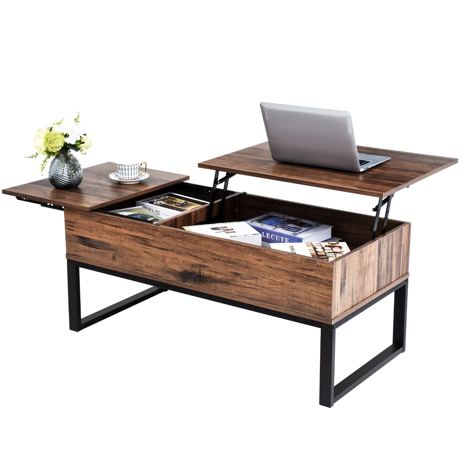 DEXTRUS Lift Top Coffee Table Desk With Storage Lift up Top Coffee Table Wood Coffee Table for Living Room Office Brown