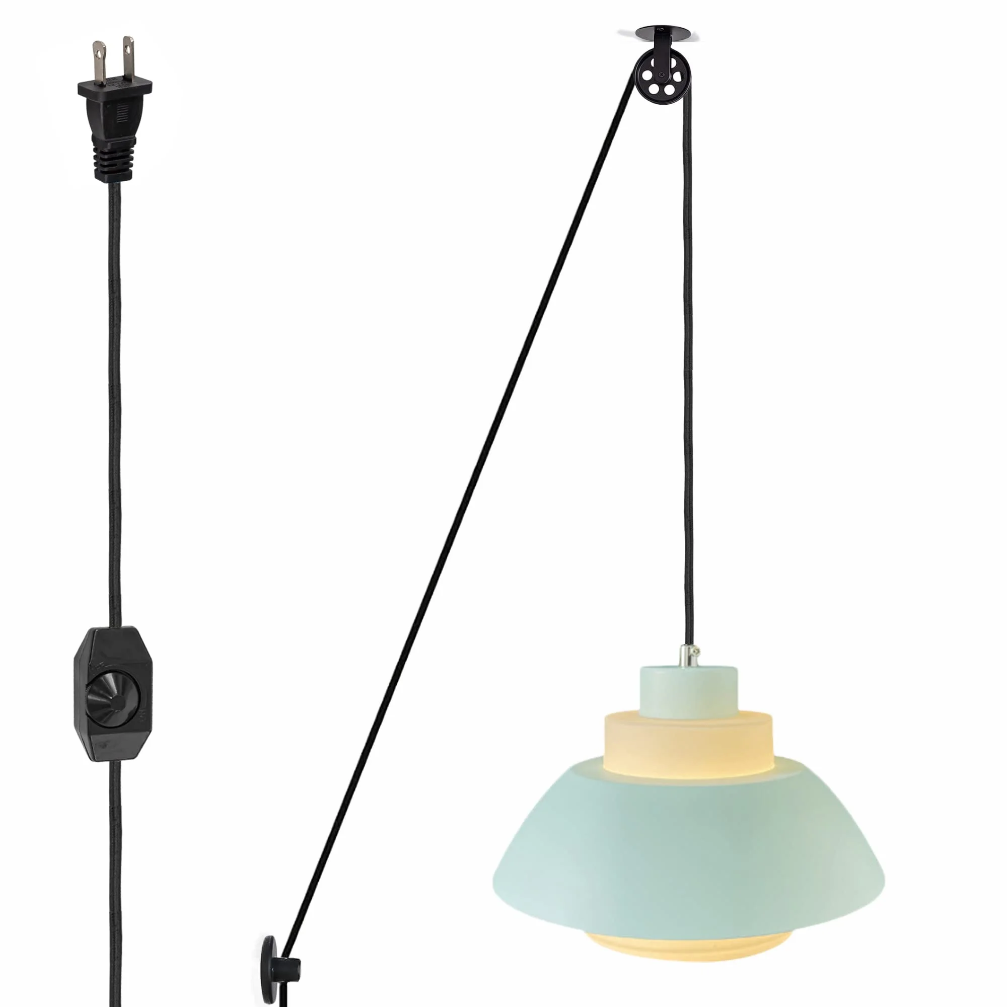 FSLiving Acrylic Handle Pendant Light Swag with Industrial Pulley Design 15ft Plug-in UL Dimmer Switch Cord Macaron Green Lampshade Light Minimalist Sloped Vaulted Ceiling No Wiring Needed - 1 Light