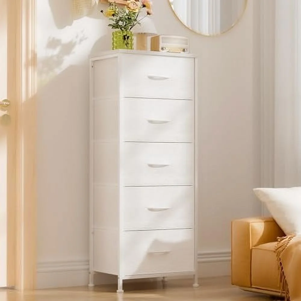 ZFGSUIJN Tall Dresser for Bedroom  5 Drawer  Organizer with Removable Fabric Bins for Bedroom  Living Room  Closet  Nusery  Entryway  Sturdy Metal Frame  Leather Front  Wood Top