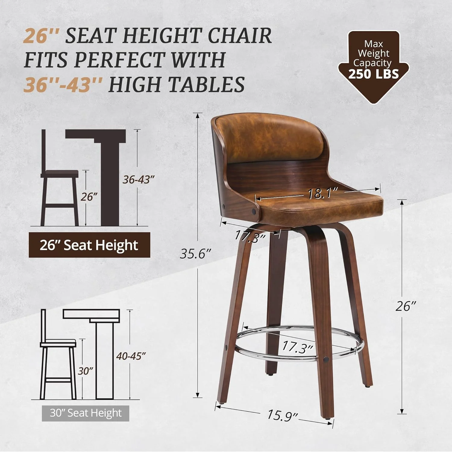 U-ToBe Bar Stools Swivel, Mid Century Modern Bar Stools, 26 Inch Bar Chairs with Hollow Back, Walnut Finish and Faux Leather Seat, Counter Height Barstool Set of 4, Whiskey Brown