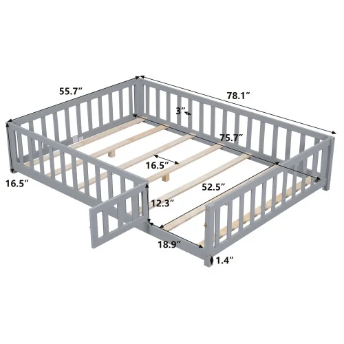 ZJbiubiuHome Full Size Floor Platform Bed with Fence and Door for   Montessori Floor Bed Frame with Support Slats for Toddlers  Wooden Floor Bed White