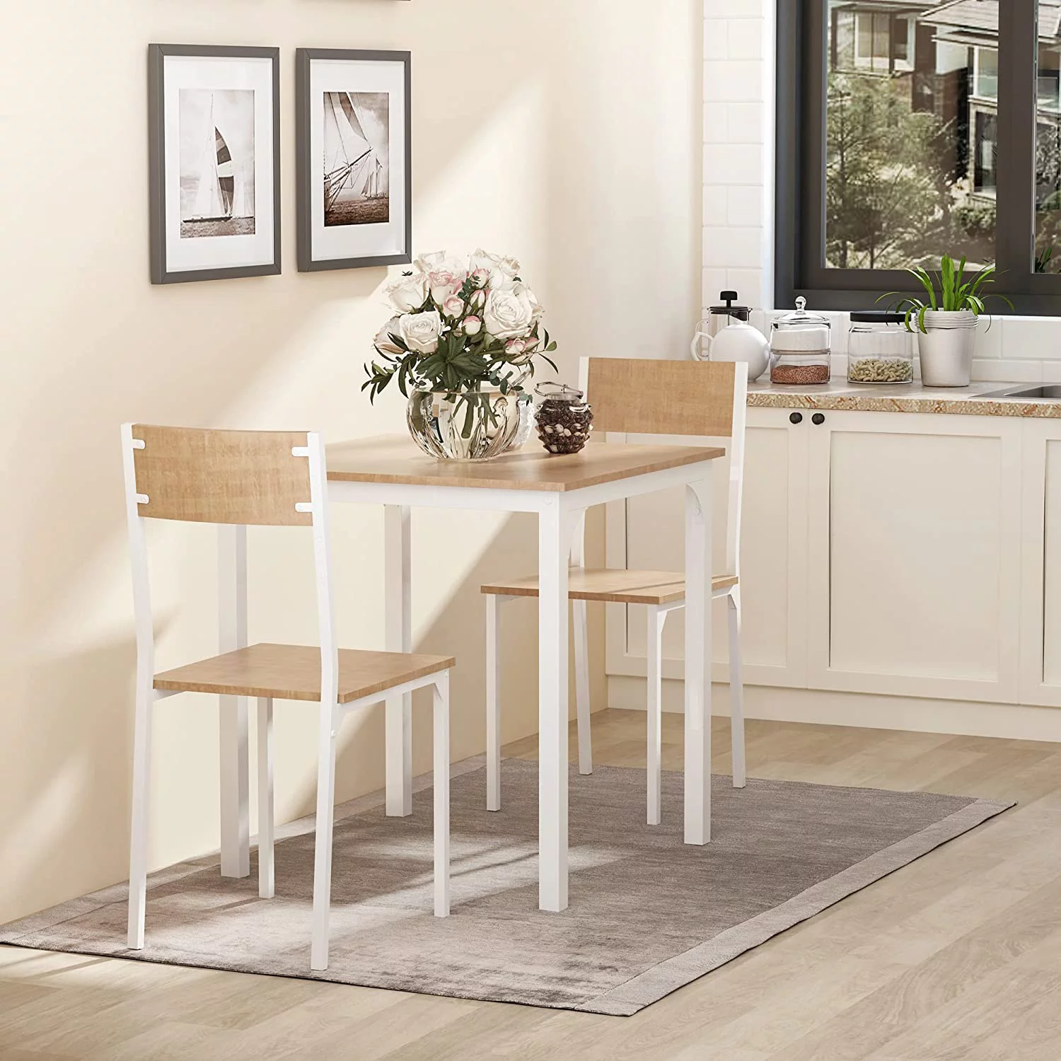 TJUNBOLIFE 3-Piece Wooden Square Dining Table Set with 1 Table and 2 Chairs and Sturdy Metal Frame for Small Space  White
