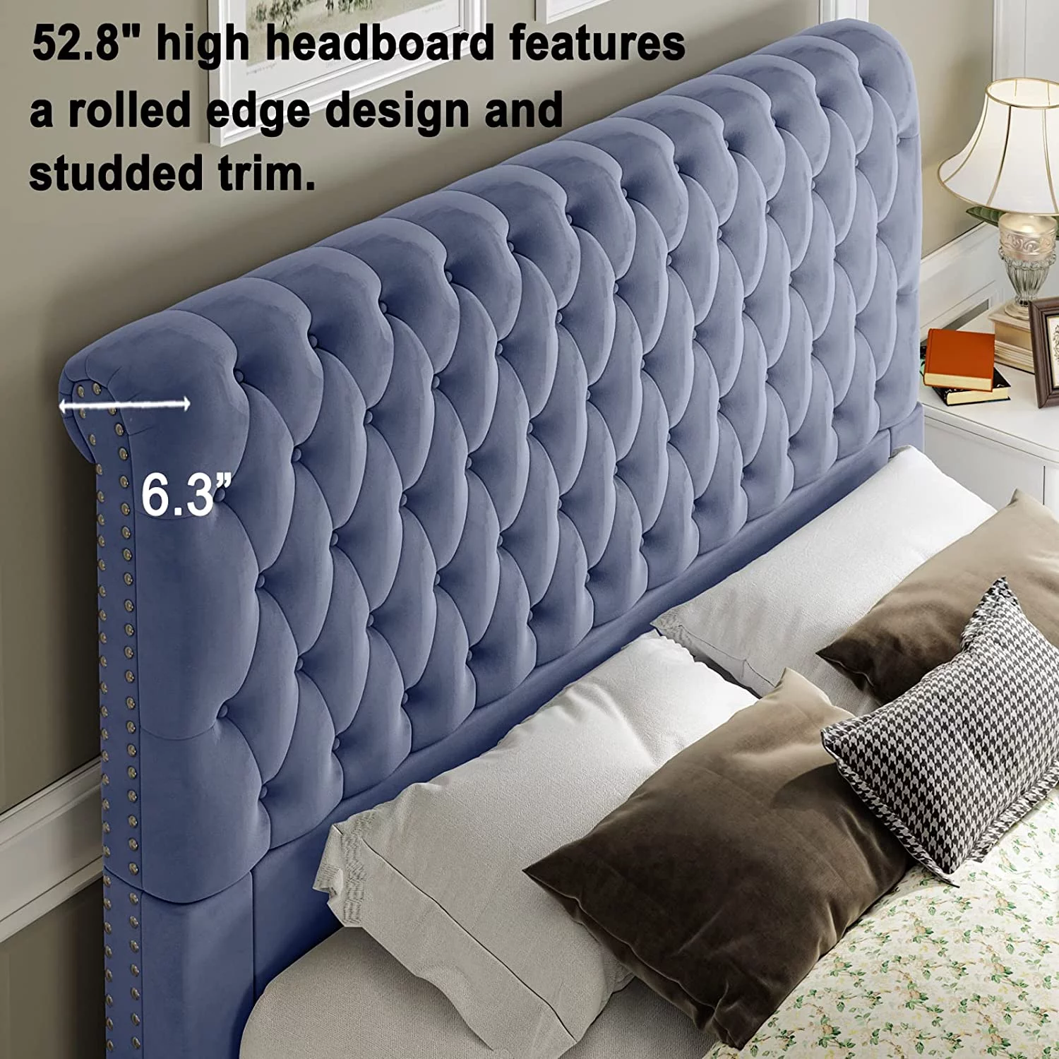 Jocisland Queen Bed Frame, Velvet Upholstered Platform Bed with Button Tufted 52.8