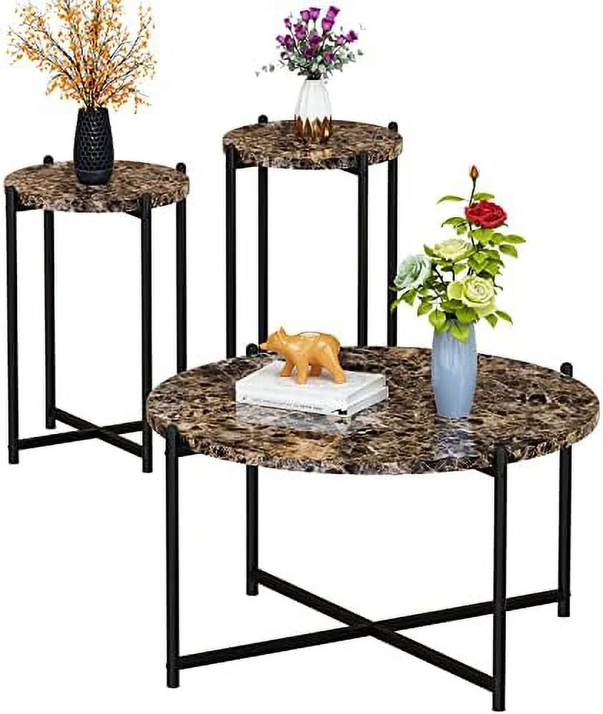 NLTBONNIE Coffee Table Set  Faux Marble Living Room Table Set of 3 Modern Center Table with Metal Legs  Coffee Table of 3 Include 2-Tier Coffee Table & 2 End Tables for Living Room