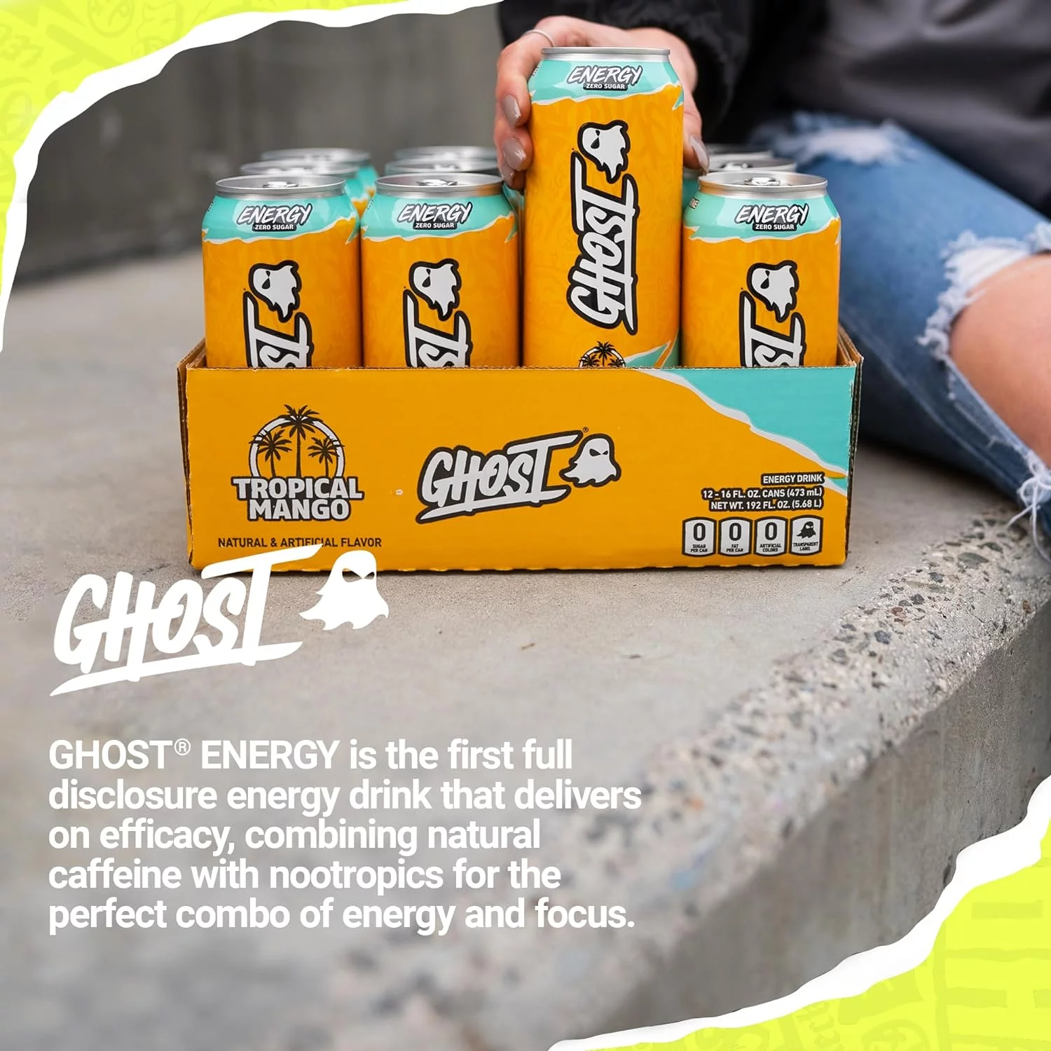 GHOST Zero Sugar Energy Drink, Tropical Mango, 16 oz Can, 12 Pk