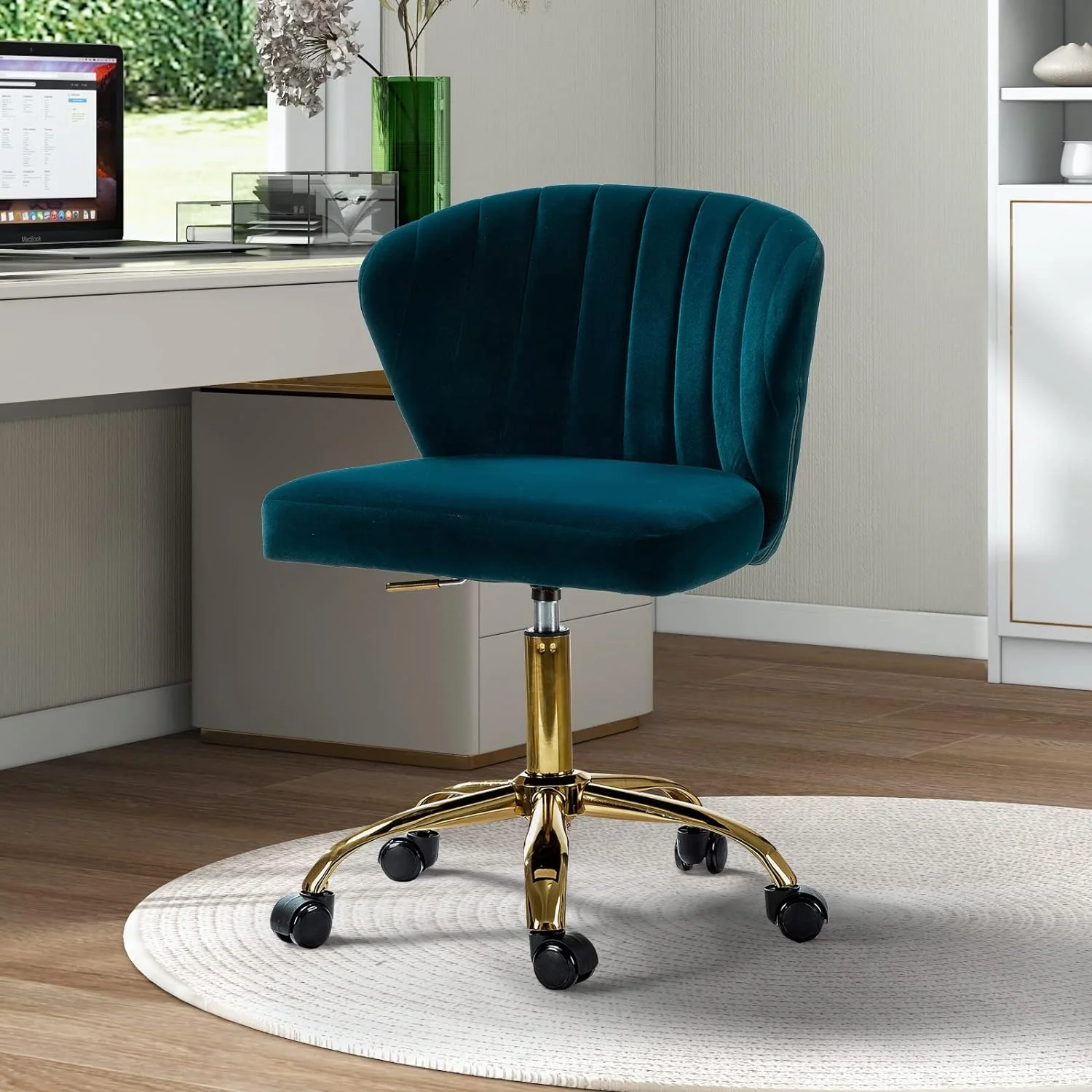 ZWGHLI TINA' Office Desk Chairs with Wheels & Gold Base  Modern Velvet Cute Armless Office Chair  Adjustable Low Back Swivel Rolling Chair  Upholstered Task Chair  Room Vanity Stu