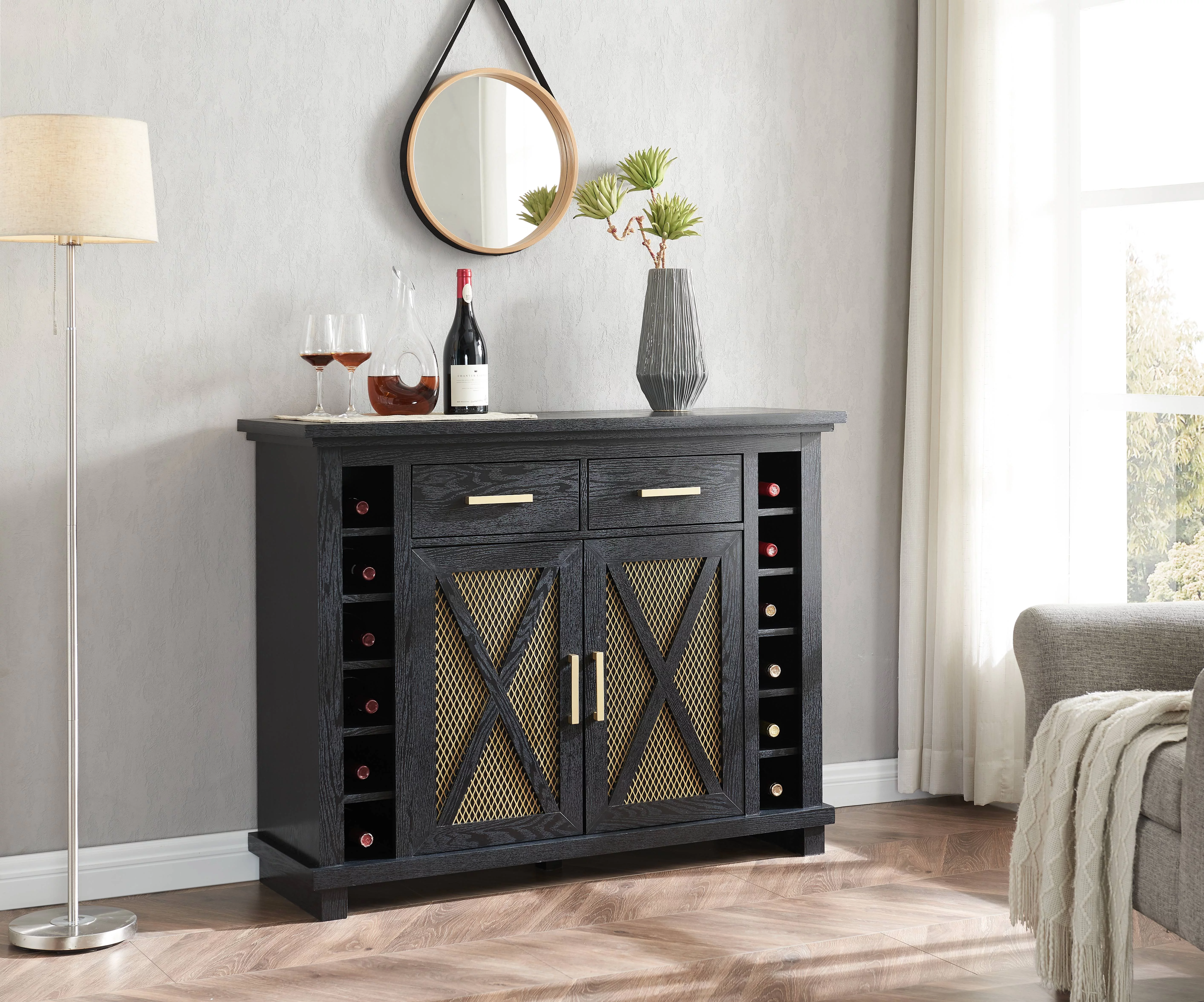Home Source Black Console Bar Cabinet with Gold Trim