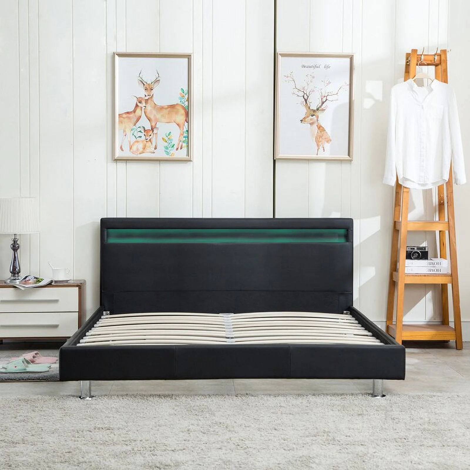 Full Size Modern Contemporary Bed Frame Bedroom Platform with LED Light Headboard Black