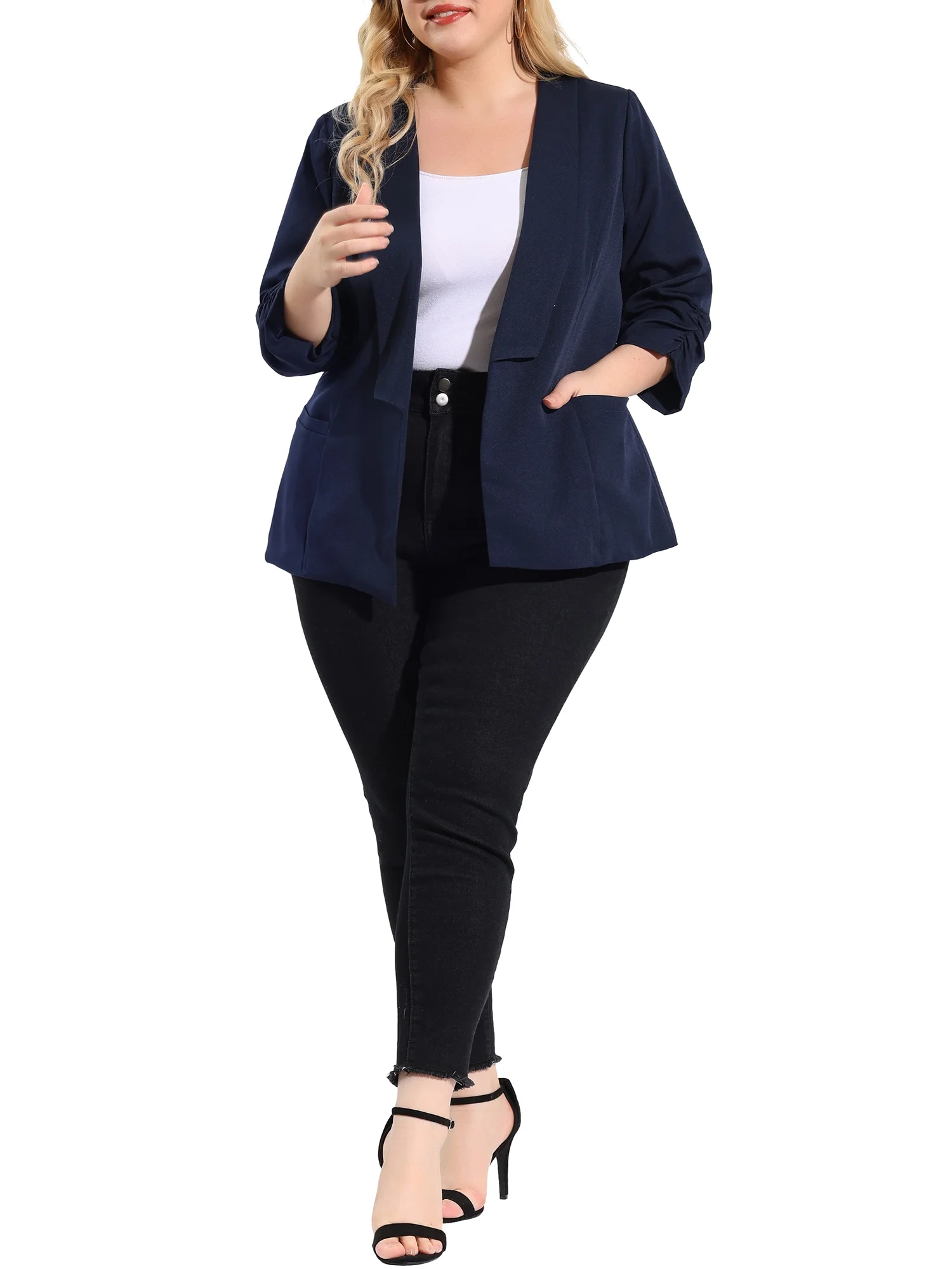 Unique Bargains Women's Plus Size Cardigan 3/4 Sleeves Shawl Collar Ruched Cuffs Blazer