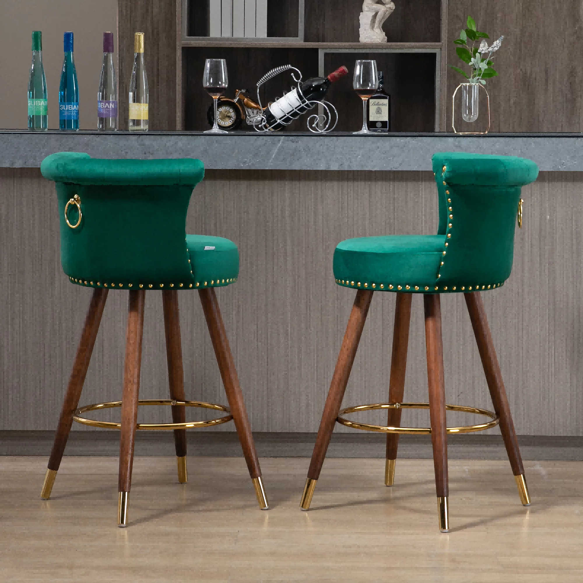 Upholstered Bar Stools, Tufted Counter Height Bar Stool Chairs with Solid Wood Legs Kitchen Island Padded Barstools with Nailhead Trim and Footrest High Chairs(Emerald,Set of 2)