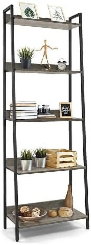 HYHBIBOOM 5 Tier Ladder Bookshelf  24 Inch Width Free Standing   Bookcase   Rack Organizer  Industrial Book Shelves for Home Office  Living Room  Kitchen  White Shelves & Gold Frame