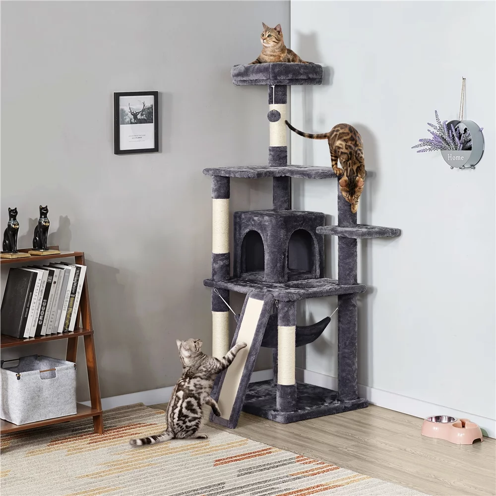 Topeakmart 60.5-in Multilevel Cat Tree Condo Scratching Posts with Hammock Top Perch, Dark Gray