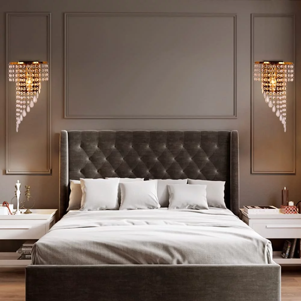 FRIXCHUR Modern Crystal Raindrop Wall Lights 2 Pack Led Wall Light Sconce Fixture Crystal(Gold)