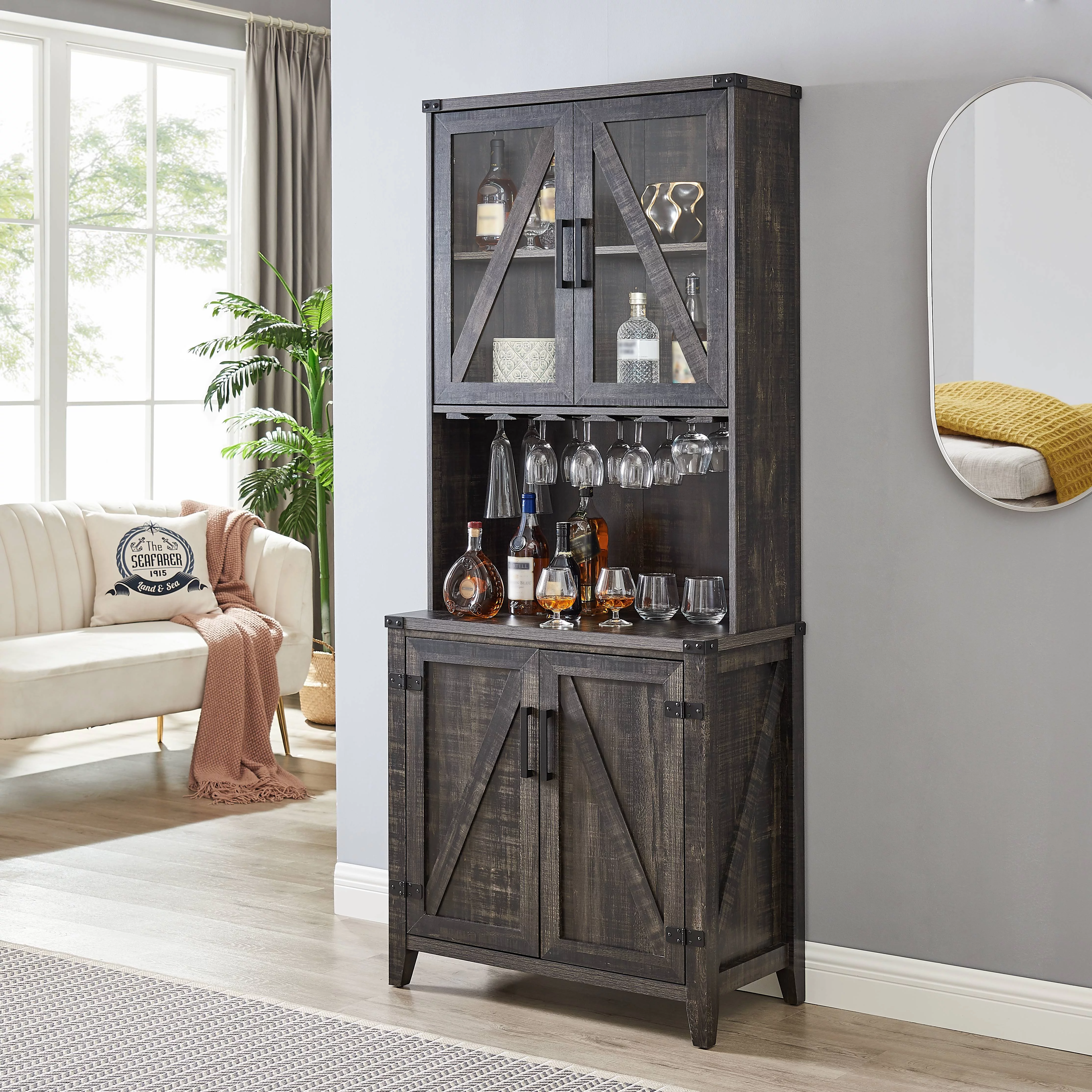 Gramercy Way Bar Cabinet with Upper Glass Cabinet in Charocal Finish