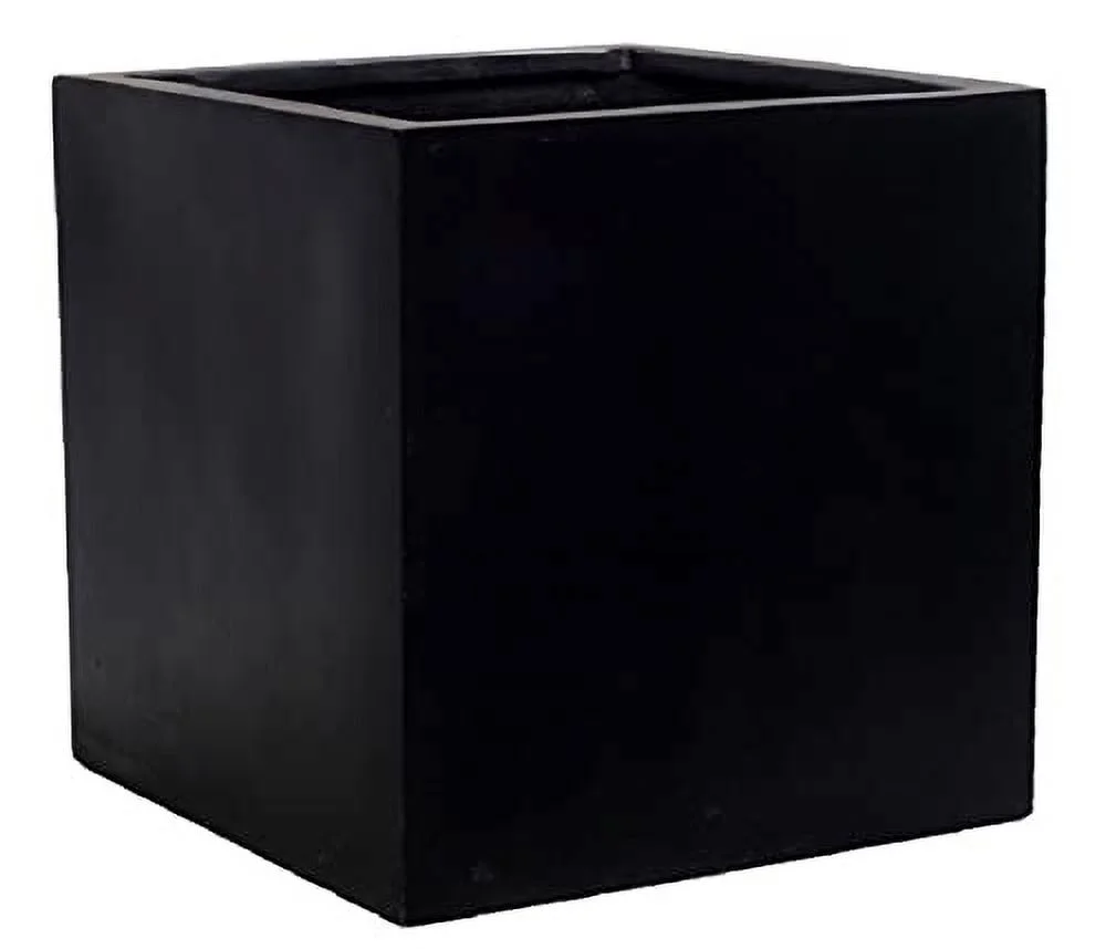 Pottery Pots Elegant Modern Fiberstone Cube Planter Black Pot Indoor Outdoor - 12