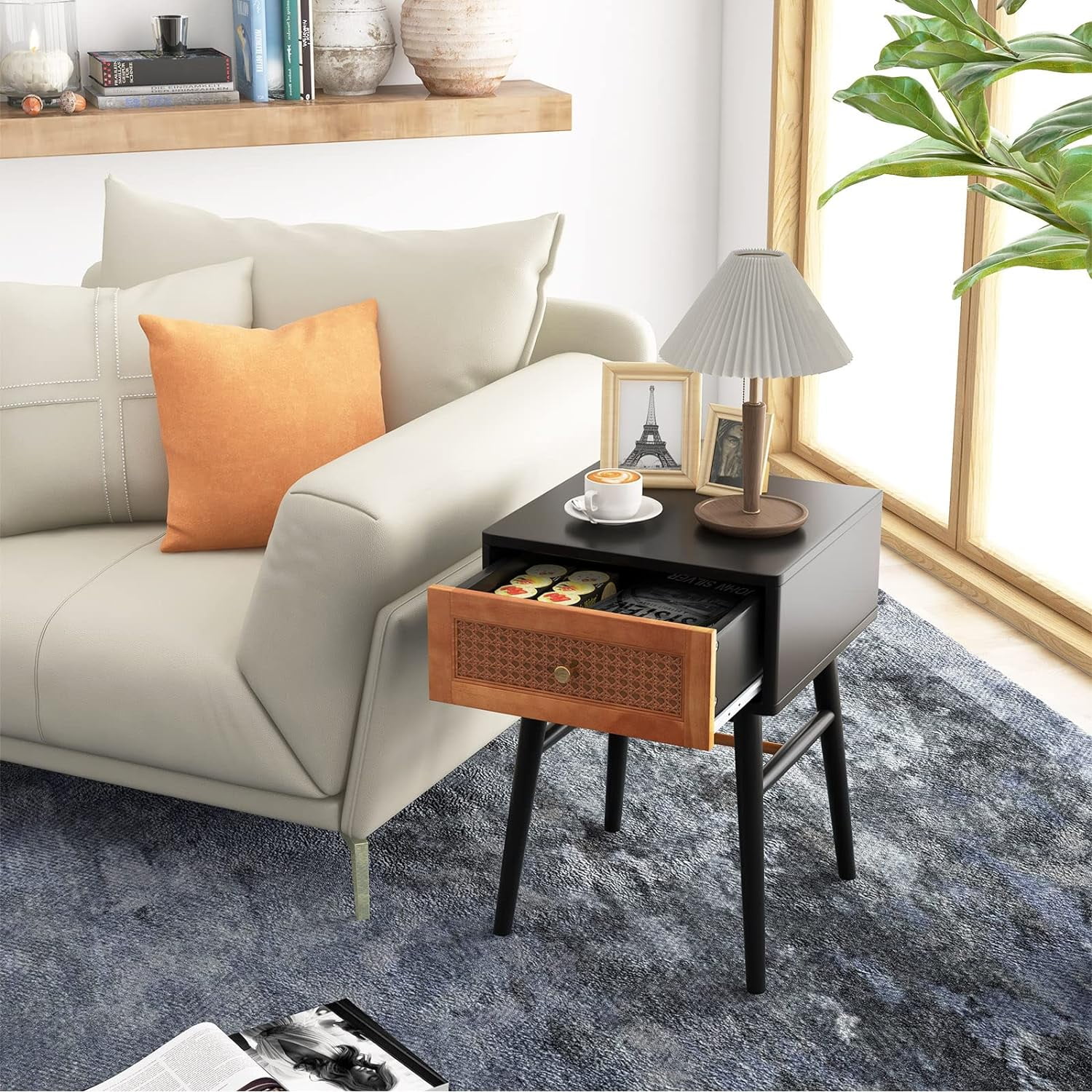 Rattan Nightstand, Boho End Side Table with Rattan Decorated Storage Drawer & Solid Wood Legs, Mid-Century Modern Bedside Table for Bedroom Small Space, Easy Assembly (1, Black)