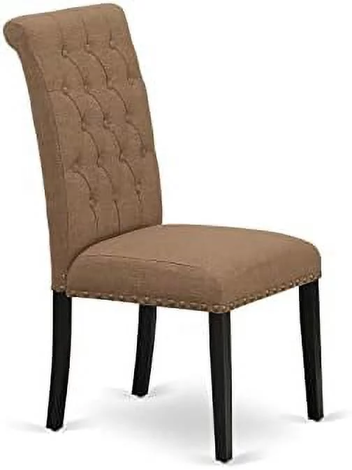 BRP1T17 Parson Dining Room Button Tufted Nailhead Trim Light Sable Linen Fabric Padded Chairs, Set Of 2, Black