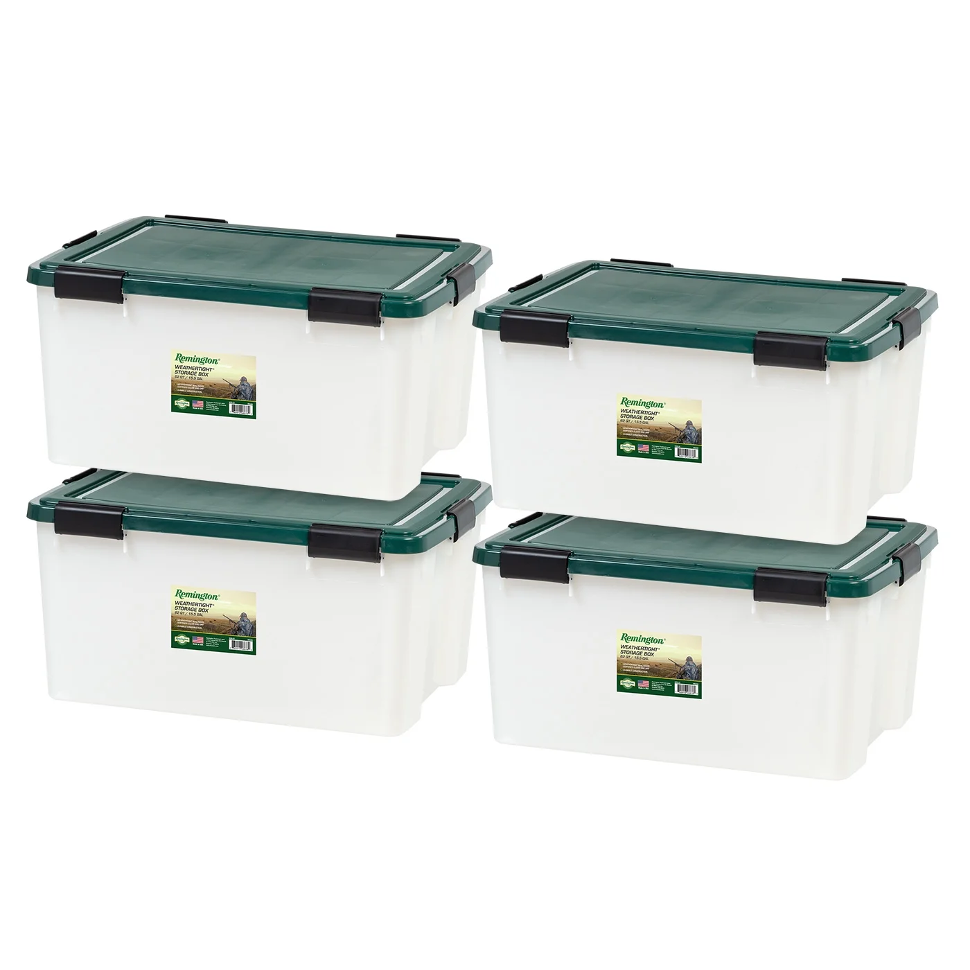 Remington® 62 Qt. WEATHERPRO, Airtight Gasket Storage Box, Sealed Lid & Buckles Clear Green Set of 4