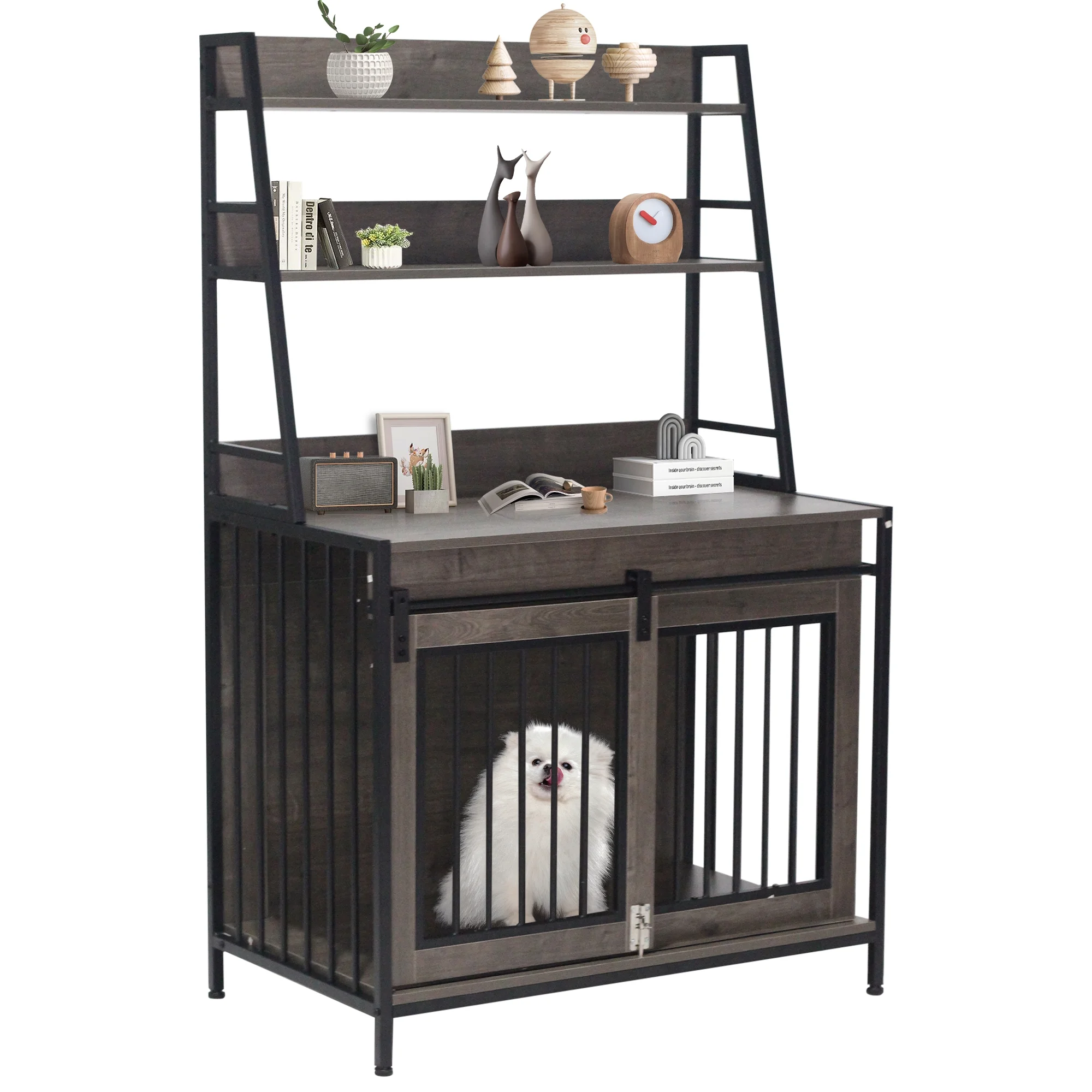 VINYUSE Dog Cage Furniture, Double Door Crate Furniture Dog Cage on Rollers with 3 Tier Storage Rack, Wooden Decorative Pet House End Table