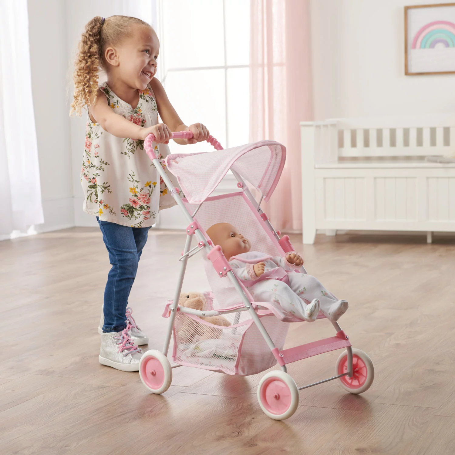 Badger Basket Folding Doll Umbrella Stroller - Pink/Gingham