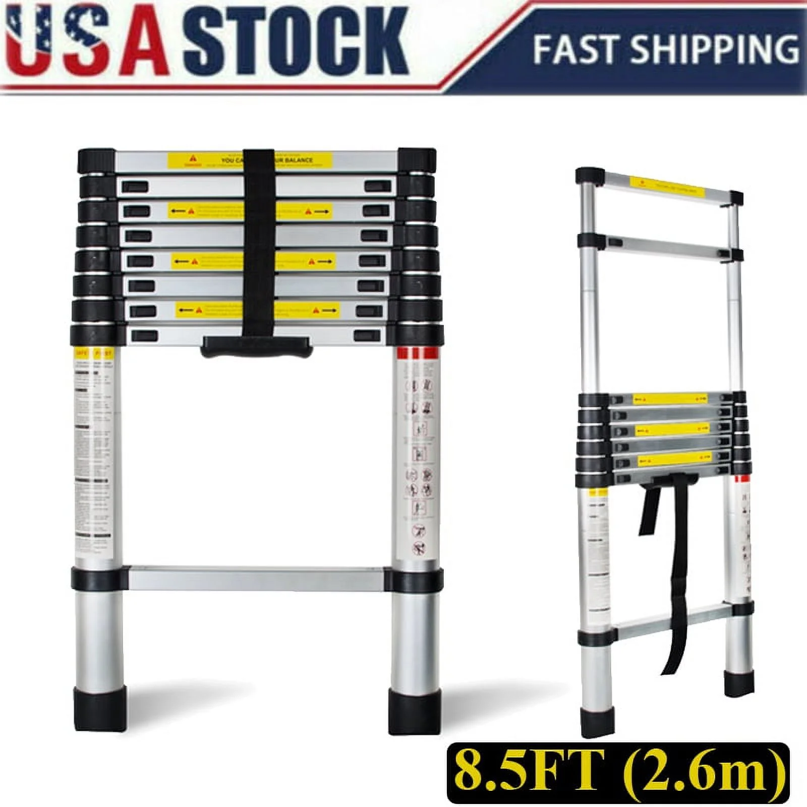 8.5FT Telescopic Ladder Extension Aluminum Ladder Folding Multi Purpose One-Button Retraction Non-Slip Ladder Load 330lbs