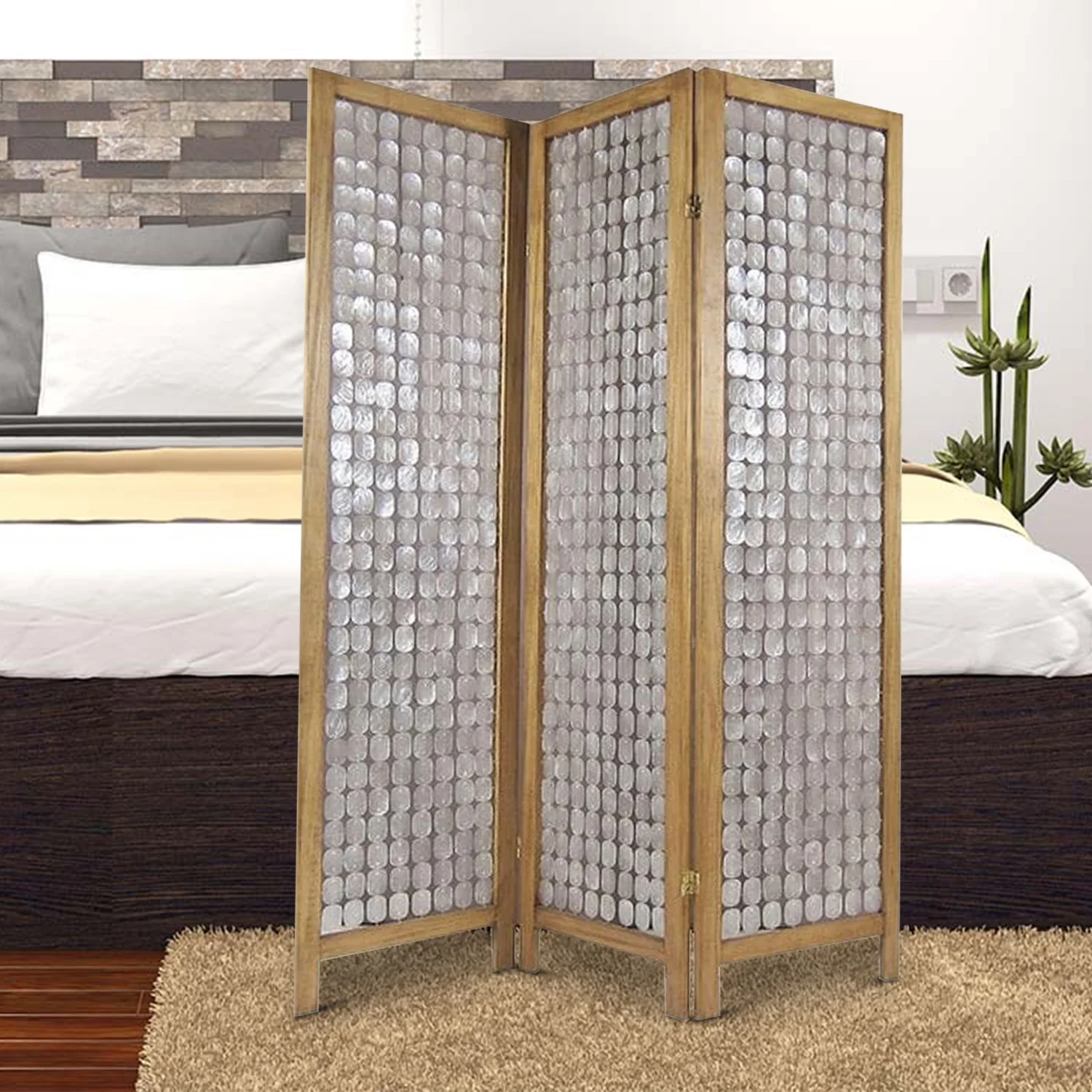 Benjara 3 Panel Wooden Screen with Pearl Motif Accent, Brown and Silver
