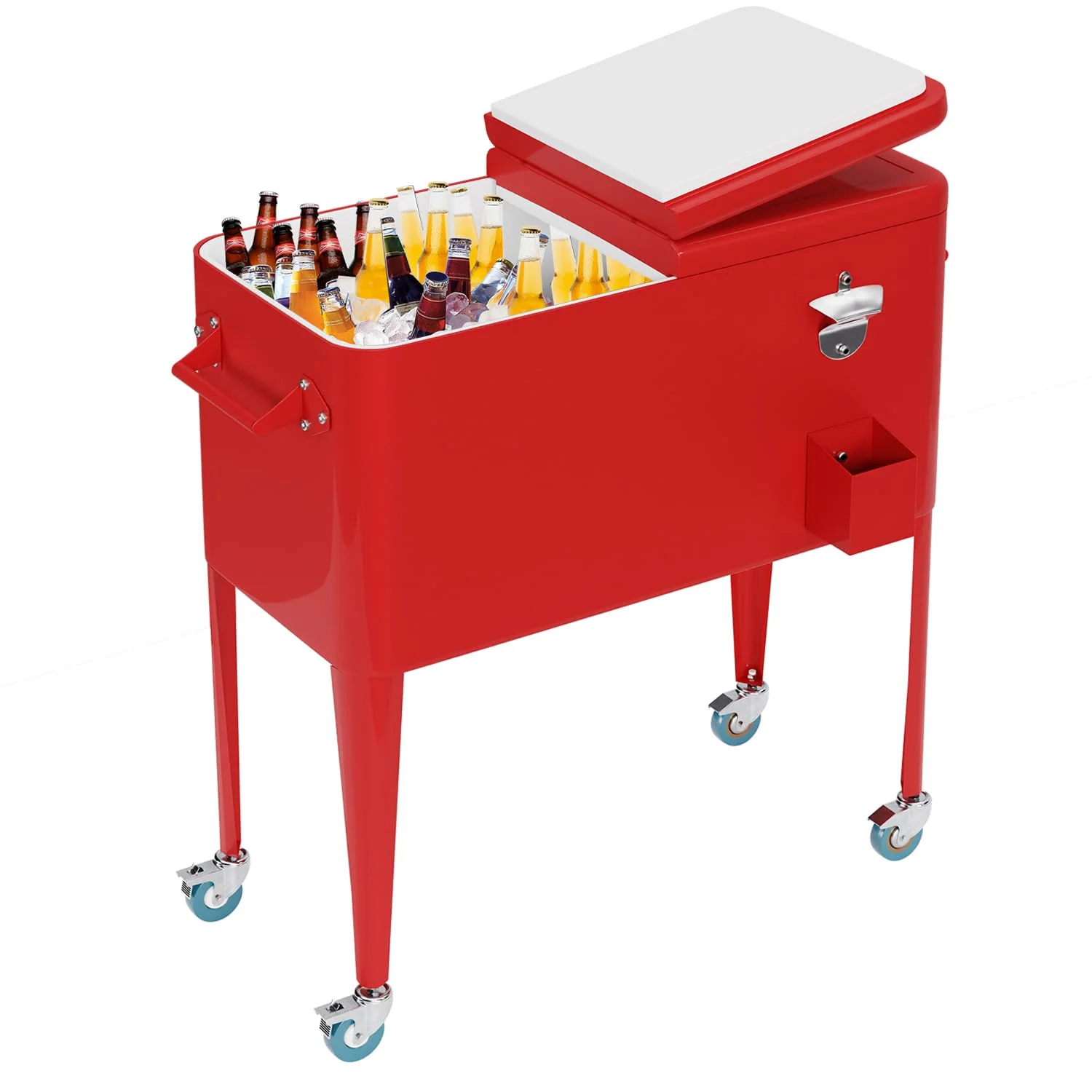 80 Quart Outdoor Cooler Cart Rolling Ice Cooler Ice Chest with Wheels Portable Drink Cooler for Parties, Poolside, Patio, BBQ Beach（Red）