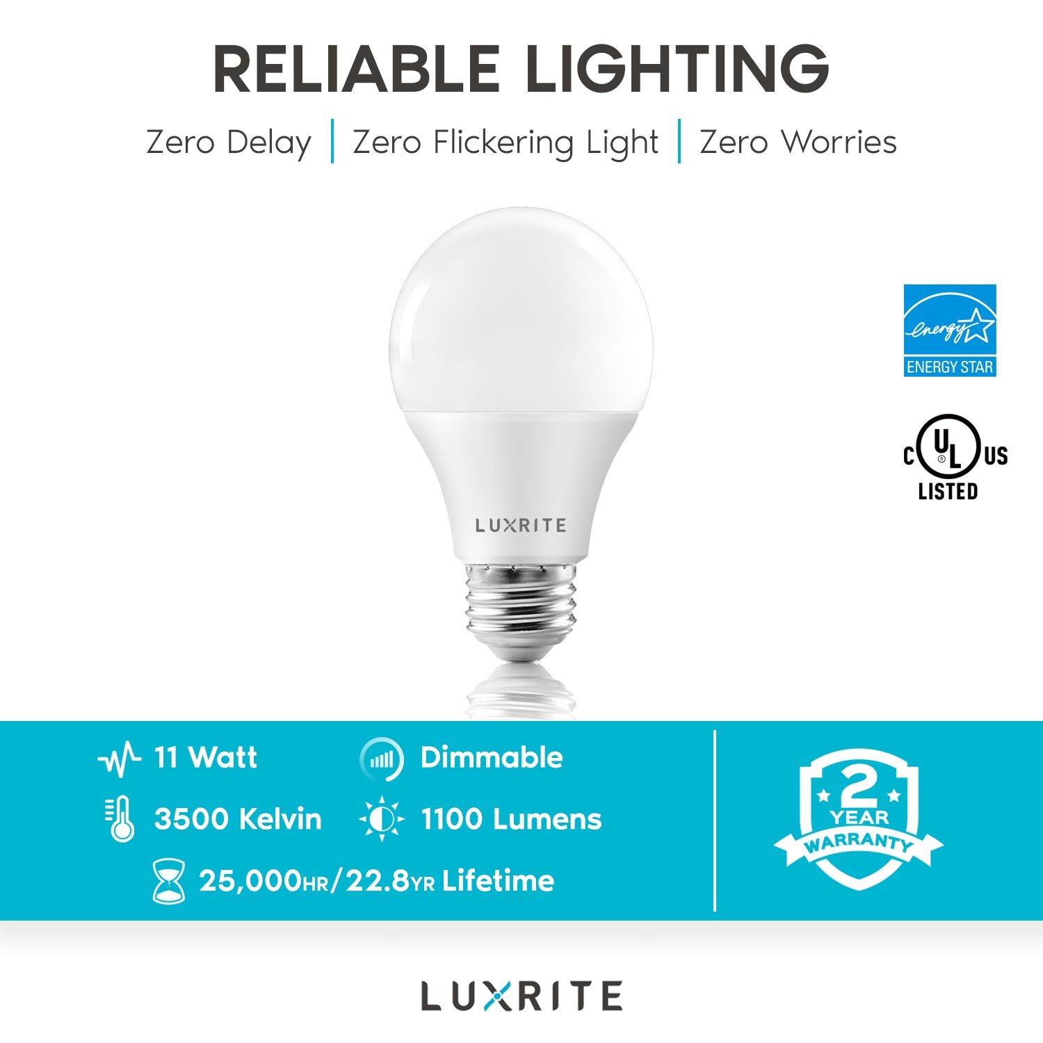 Luxrite A19 LED Bulb, 1100 Lumens, 3500K Natural White, Dimmable, 11W, Enclosed Fixture Rated, E26 Base 4-Pack