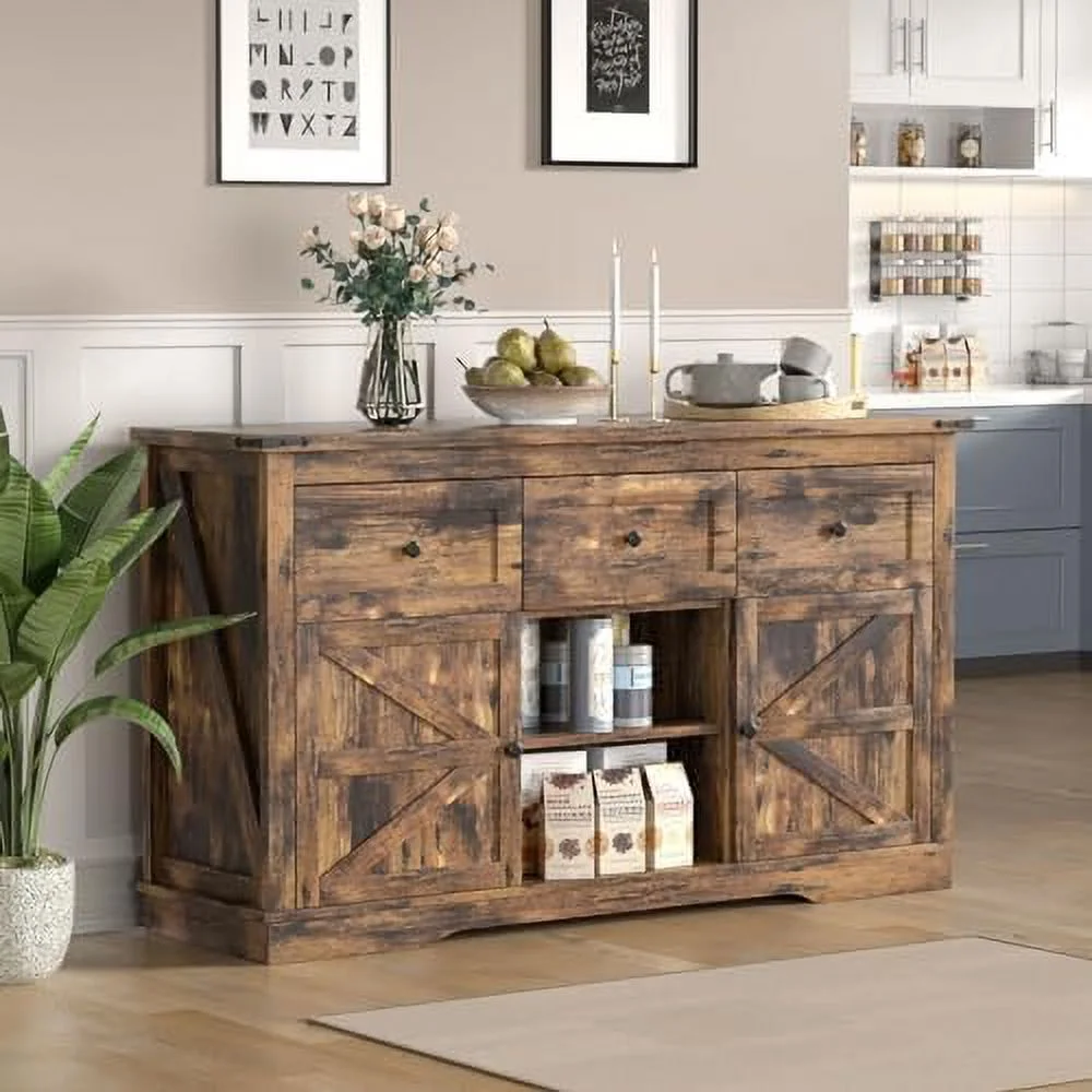 TJCGDTY Farmhouse Buffet 3 Drawers Cabinet with   Morden Barn Doors  Cabinets with Drawers and Shelves  Coffee  Cabinet for Kitchen  Dining Room  Living Room  Brown