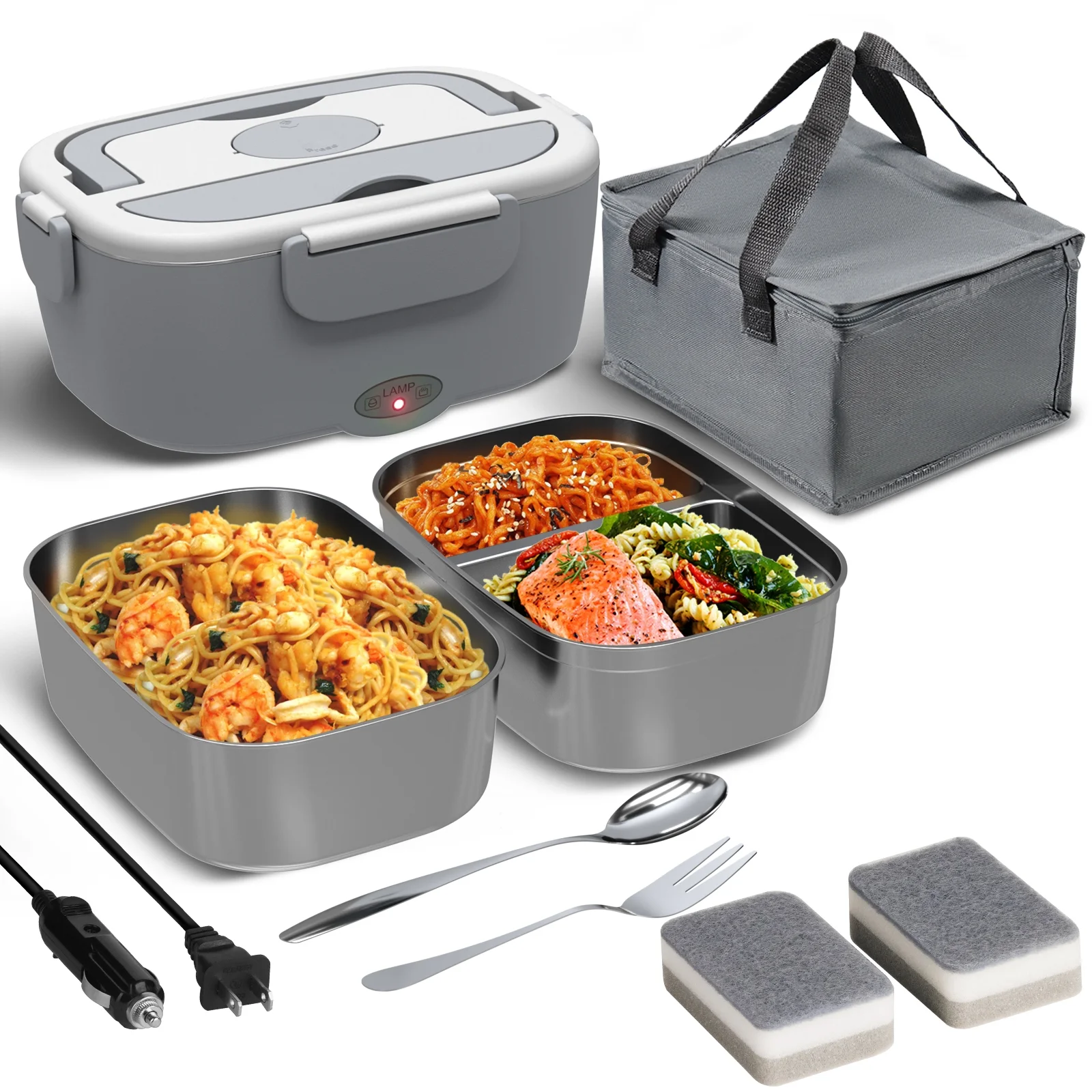 Sitlais Electric Lunch Box Food Heater for Work - 12V/24V/110-220V Food Warmer for Car Truck Outdoor with 2 Packs Stainless Steel Containers Potable Heating lunch Box for Adults Camping(grey)