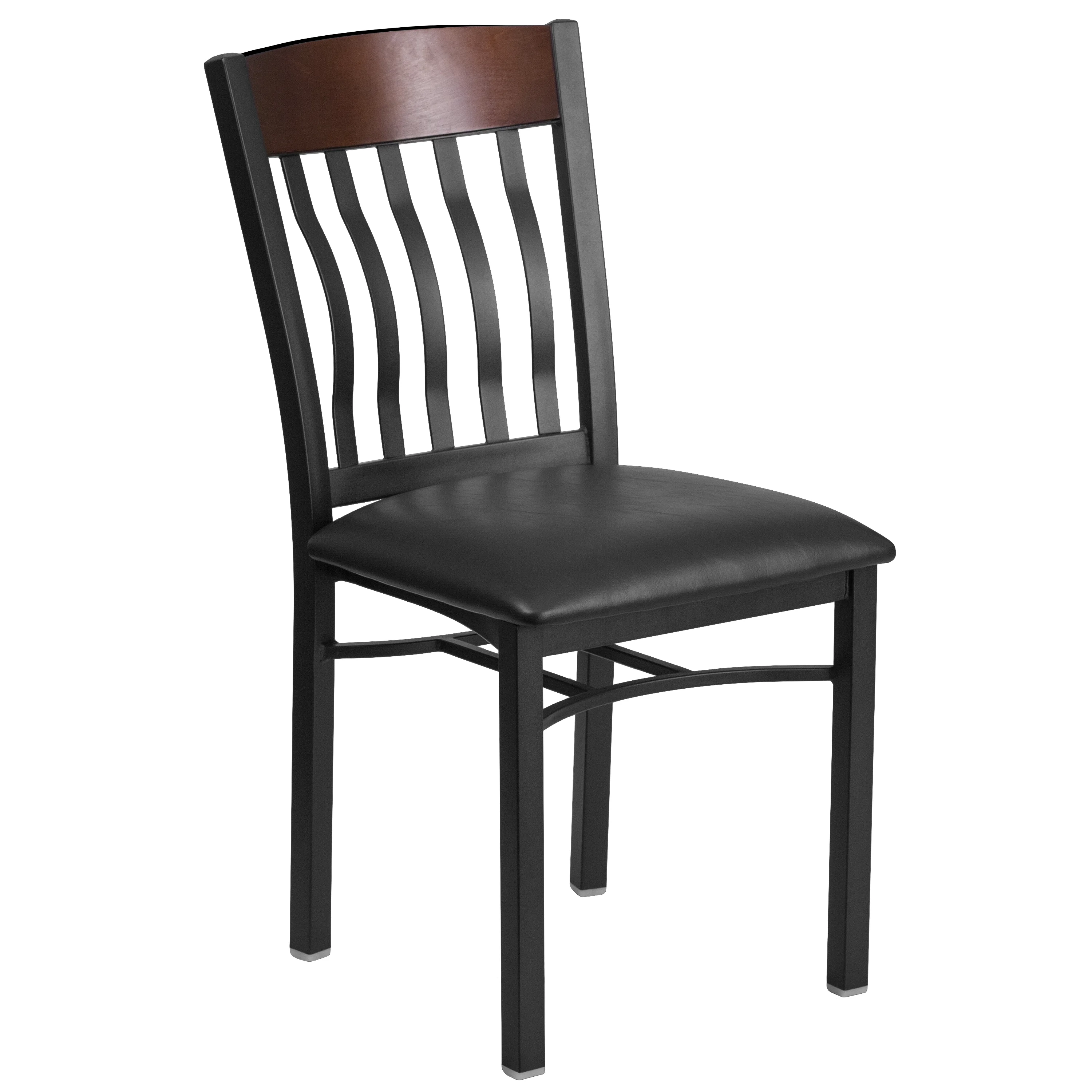 Flash Furniture 2 Pack Eclipse Series Vertical Back Black Metal and Walnut Wood Restaurant Chair with Black Vinyl Seat