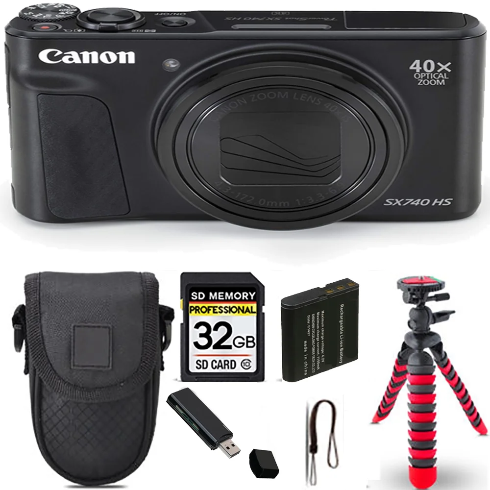 Canon PowerShot SX740 HS Digital Camera (Black) + Spider Tripod + Case - 32GB Kit
