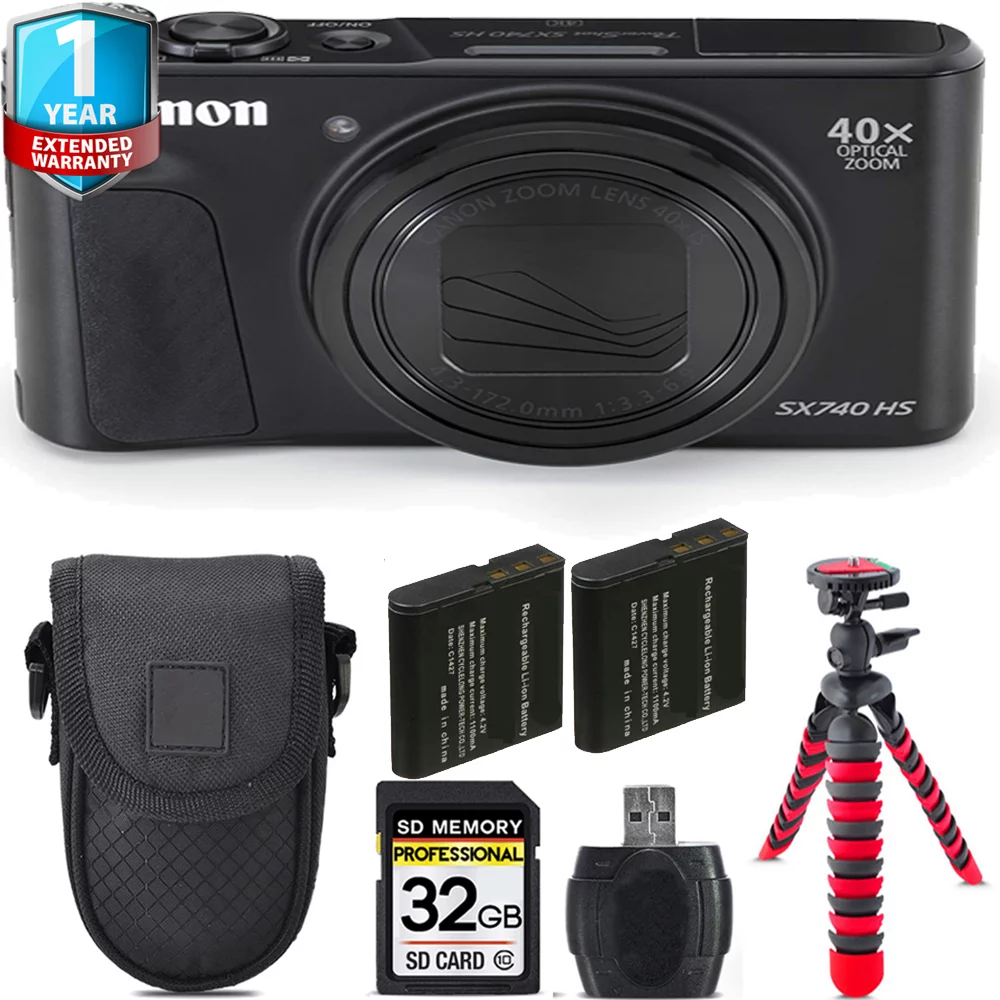 Canon PowerShot SX740 HS Digital Camera (Black) + 1 Yr Warranty +Tripod + Case -32GB Kit
