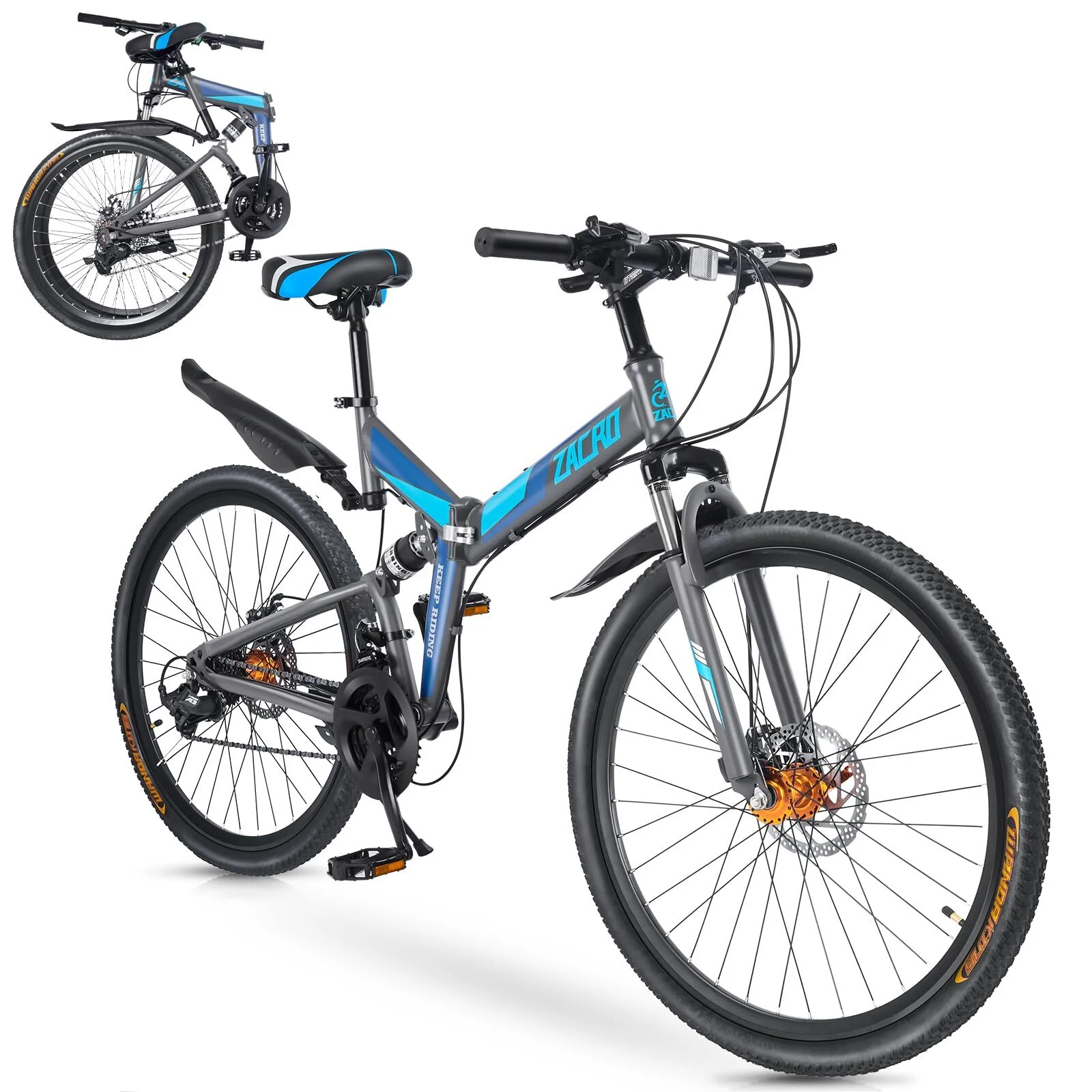 Zacro 26 Inch Folding Mountain Bike, Compact Mountain Bike with 24 Speed Dual Disc Brake and Shock Absorbers Alloy Wheels, for Men Women Adults Youth,Blue