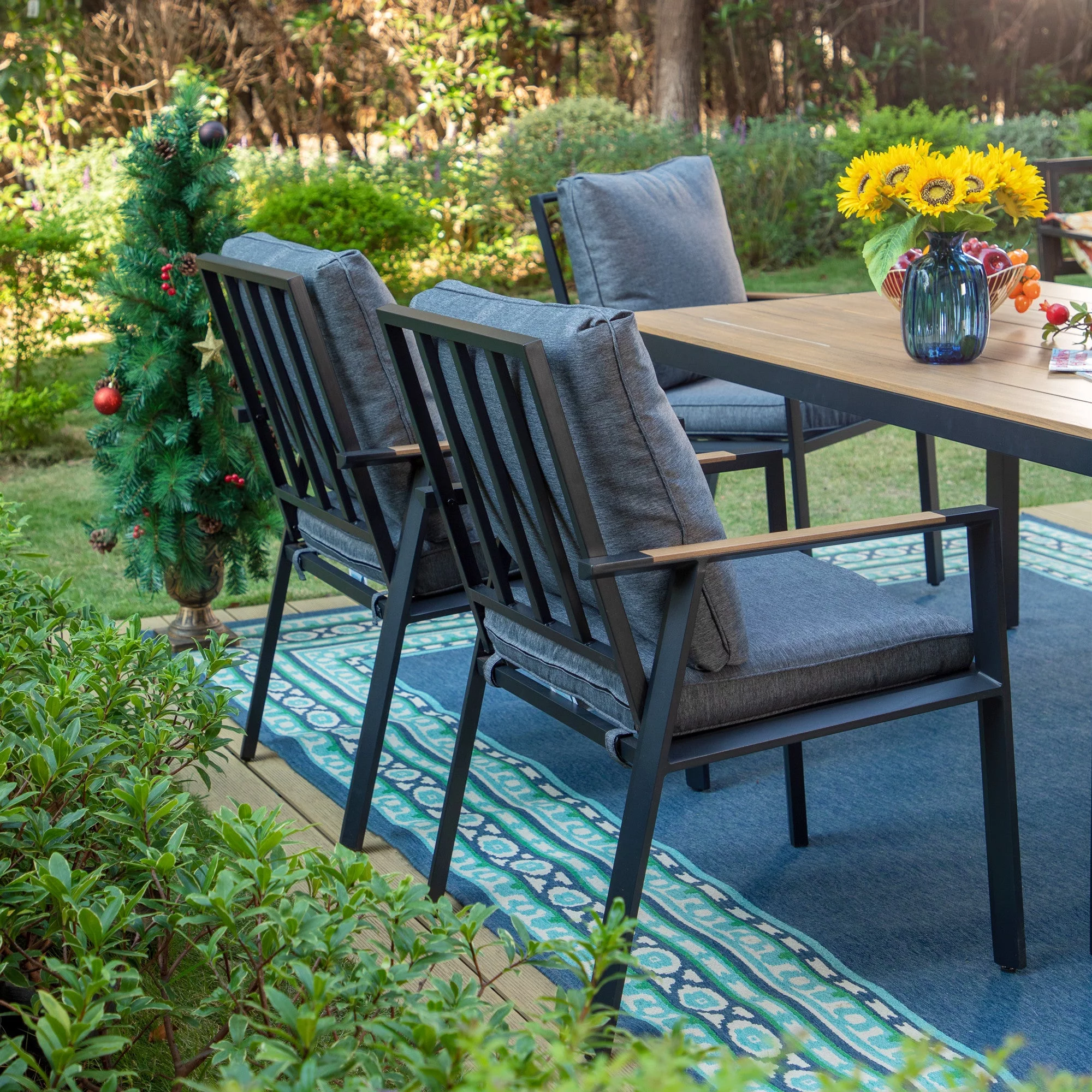 MF Studio 6-Piece Aluminum Outdoor Dining Set with with Cushioned Seats for 6, Black&Gray