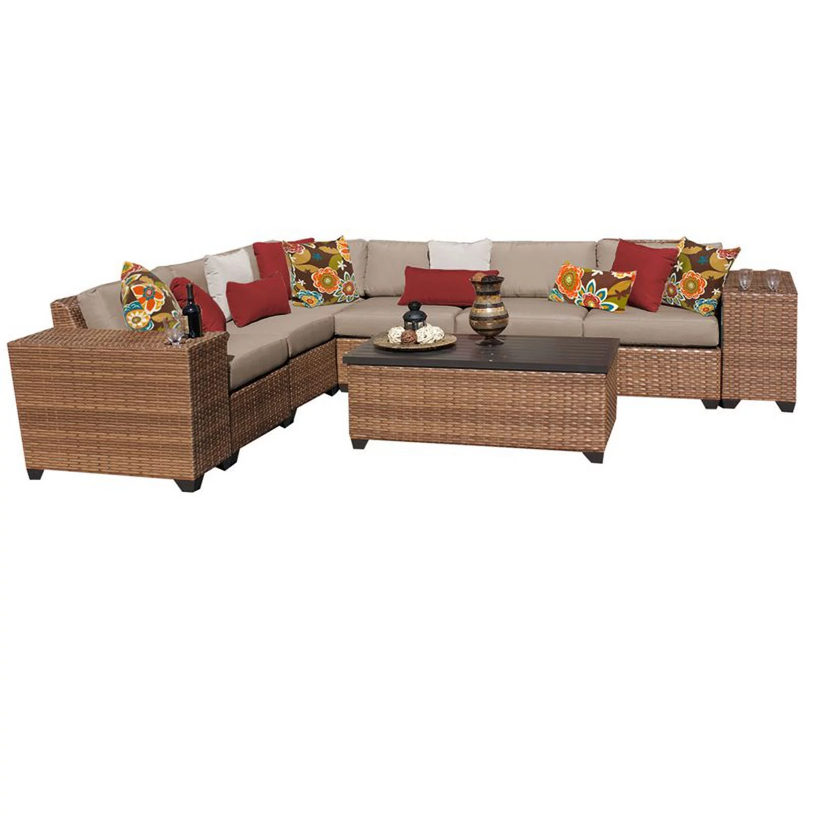 Afuera Living Contemporary 9-Piece Wicker Patio Sectional Set in Tan