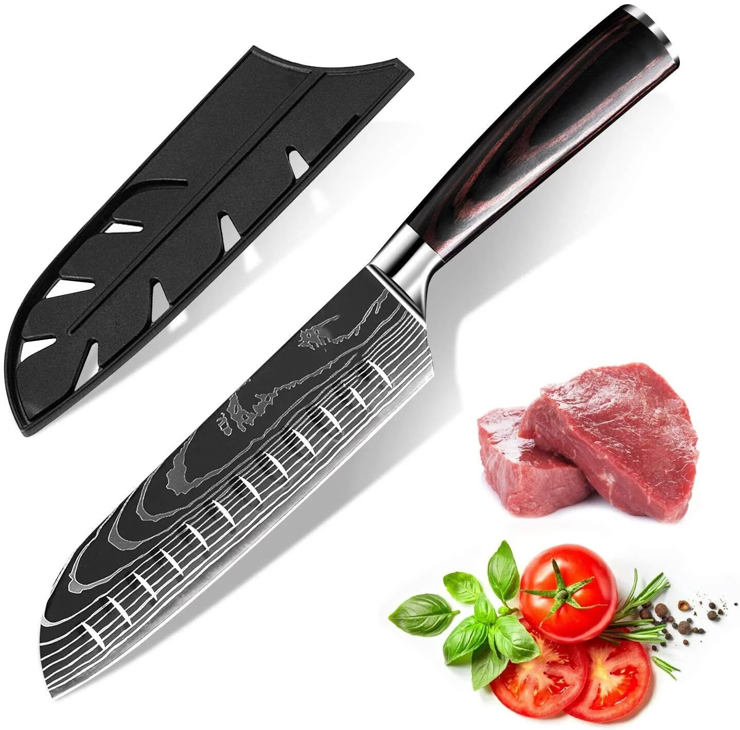 Dfito 7 inch Santoku Knife, Stainless Steel Ultra Sharp Kitchen Chef Knife, Ergonomic Handle Knife for Professional Chefs