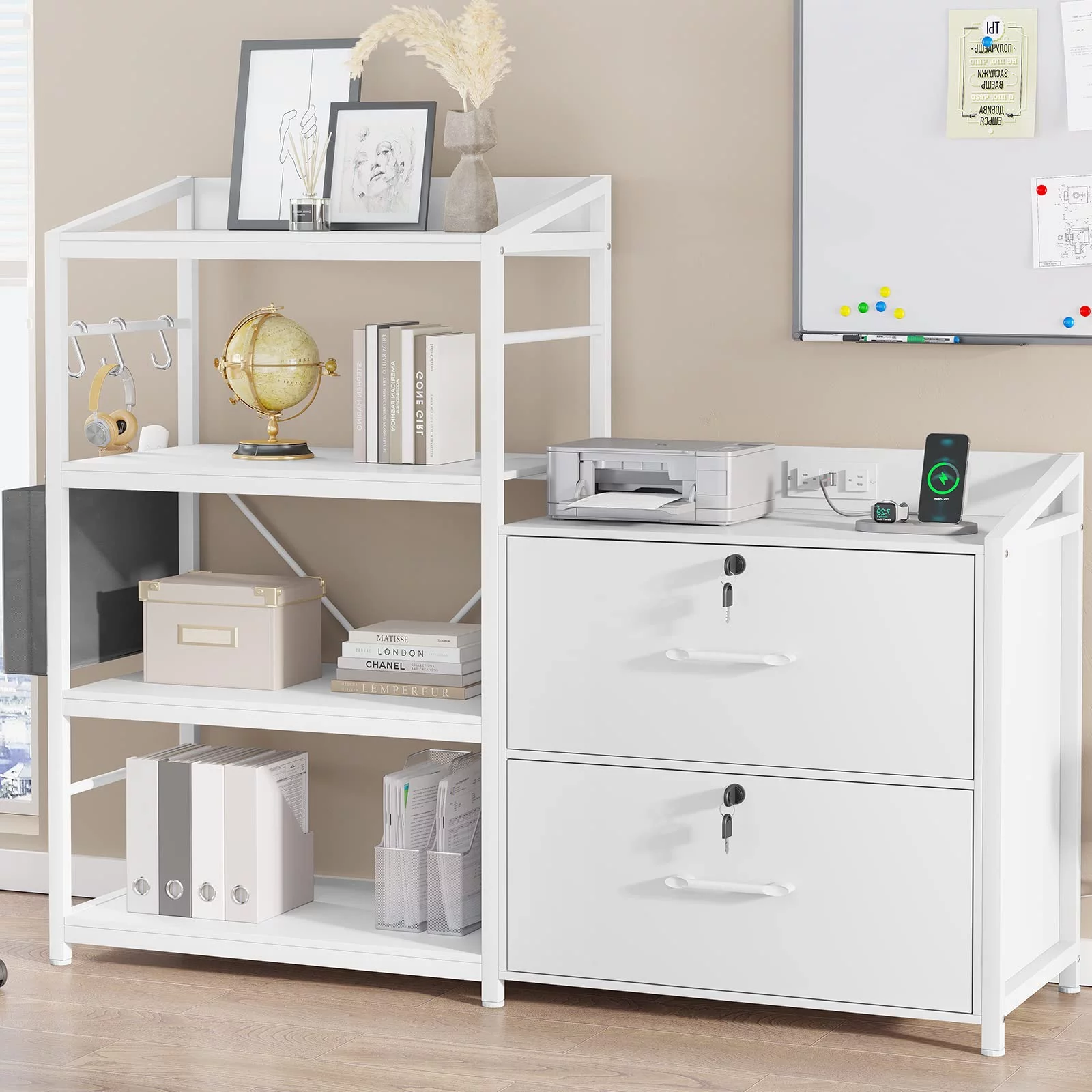 47” Filing Cabinet with Power Strip, 2 Drawer File Cabinet with Lock, White Finish