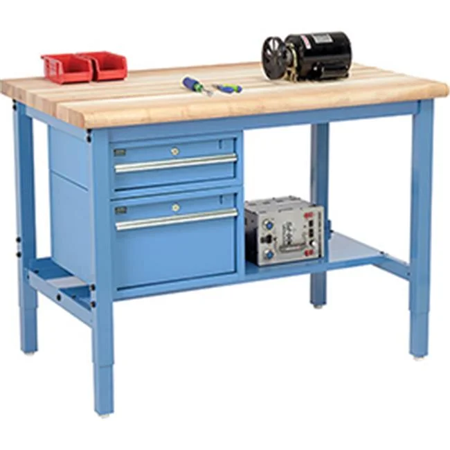 48 x 30 in. Production Workbench - Maple Butcher Block Safety with Drawers & Shelf, Blue